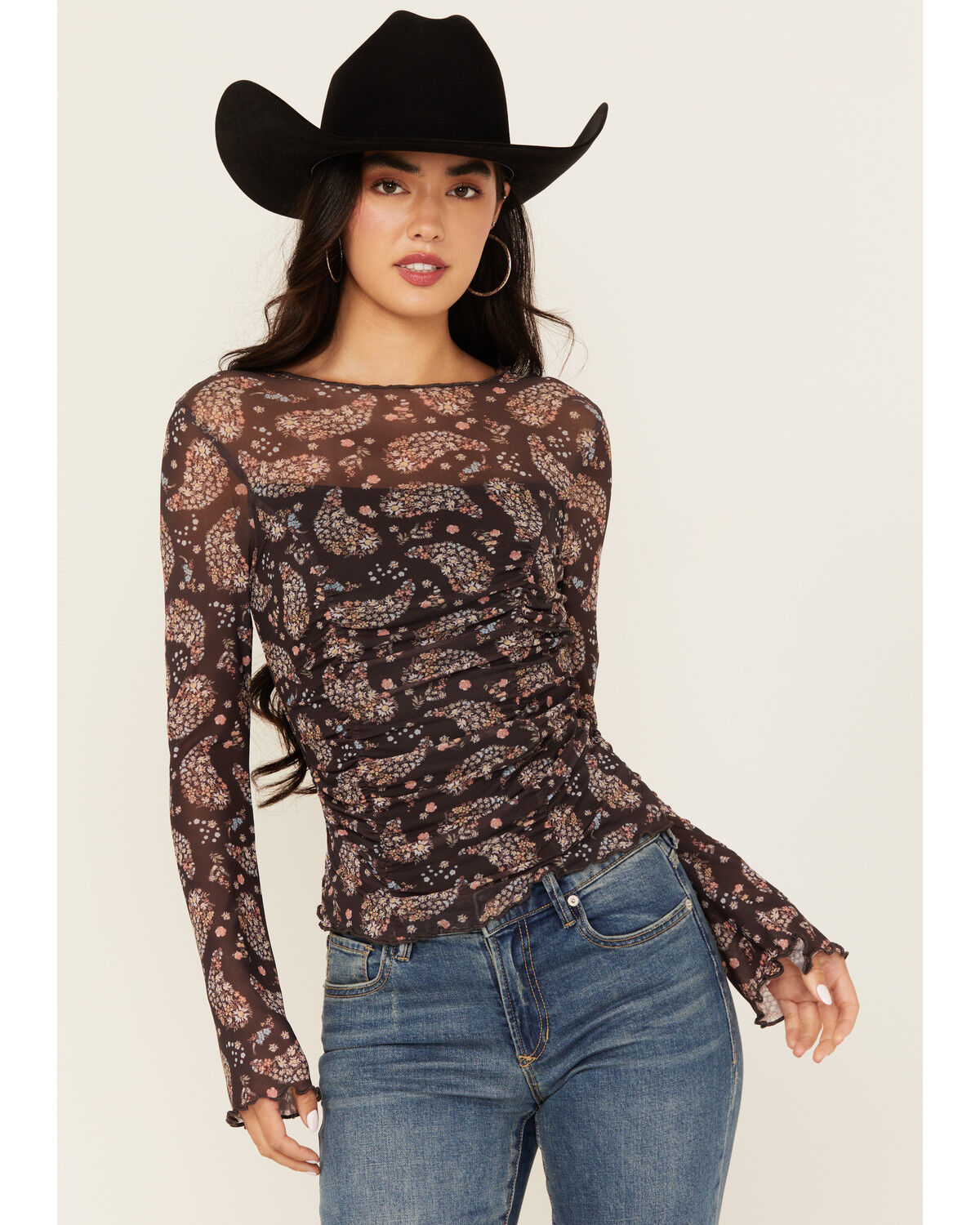 Women's Ash & Violet Paisley Print Mesh Seamed Long Sleeve Top