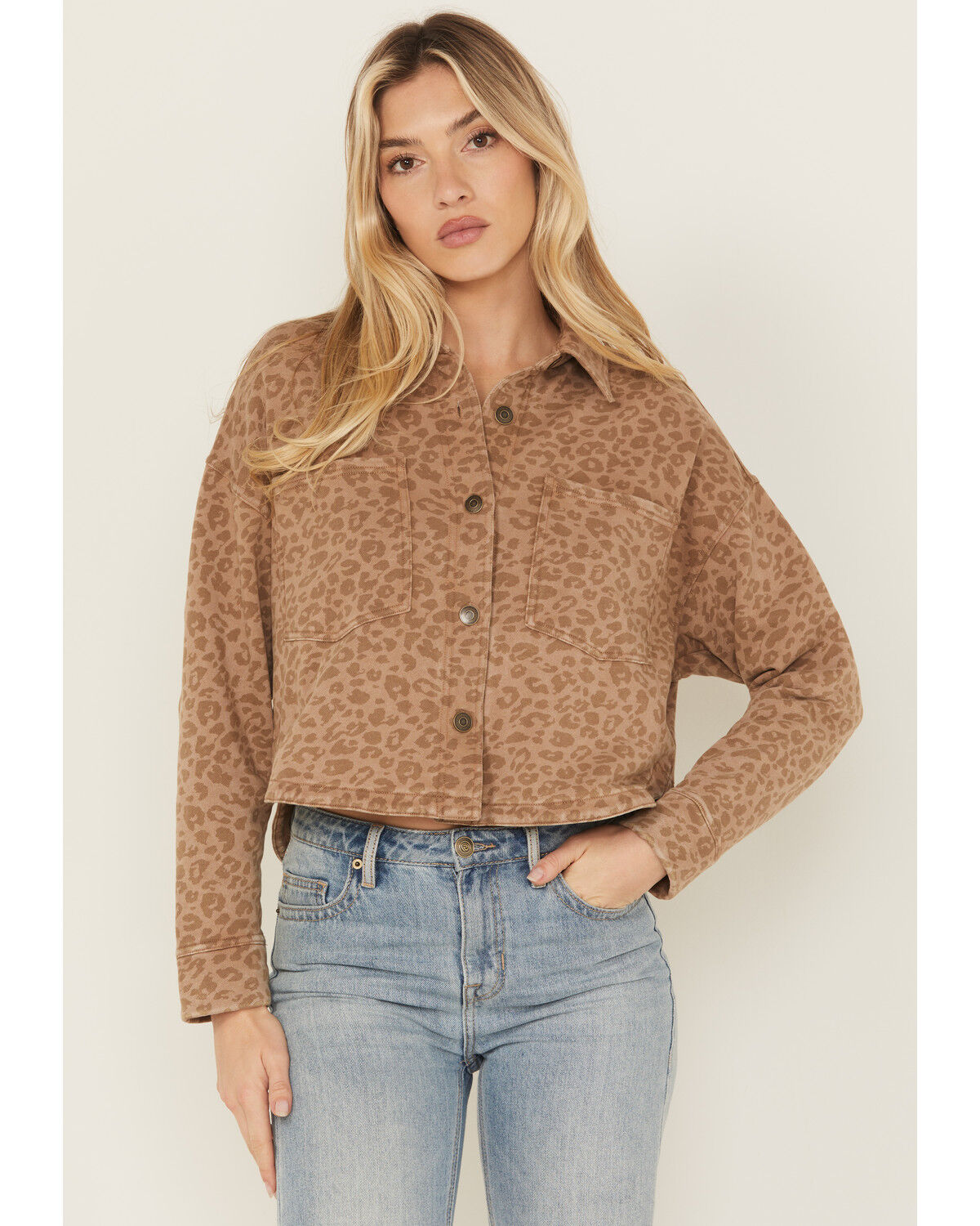 Women's White Crow Leopard Print Button-Down Shacket