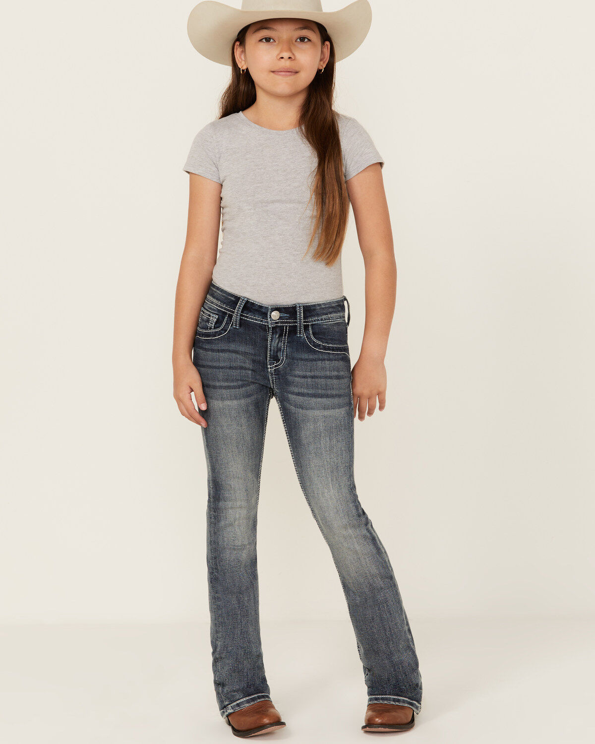Girls' Grace in LA Medium Wash Embroidered Pocket Bootcut Stretch Deni