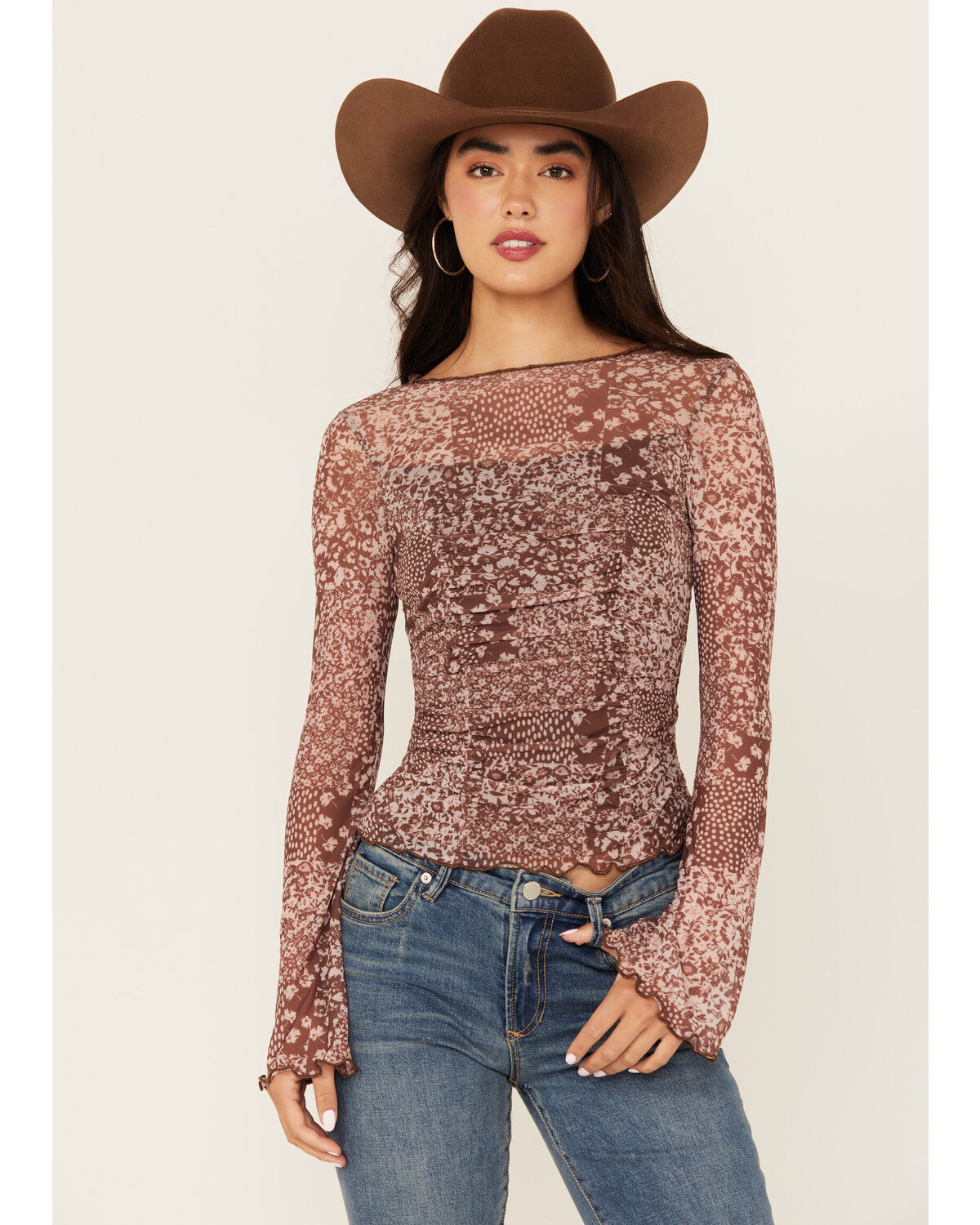Women's Trixxi Floral Mesh Long Sleeve Seamed Top