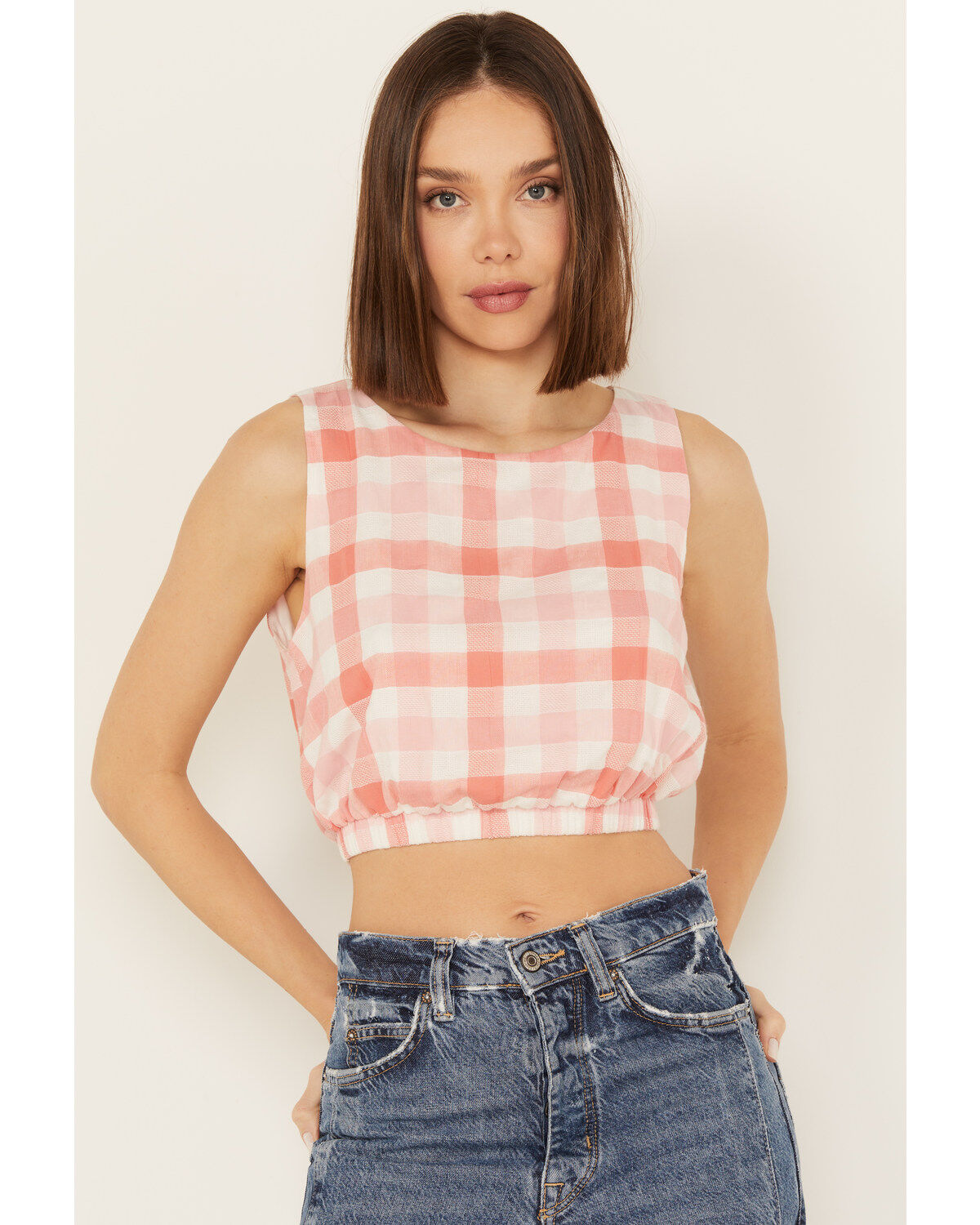 Women's By Together Gingham Print Cropped Sleeveless Top