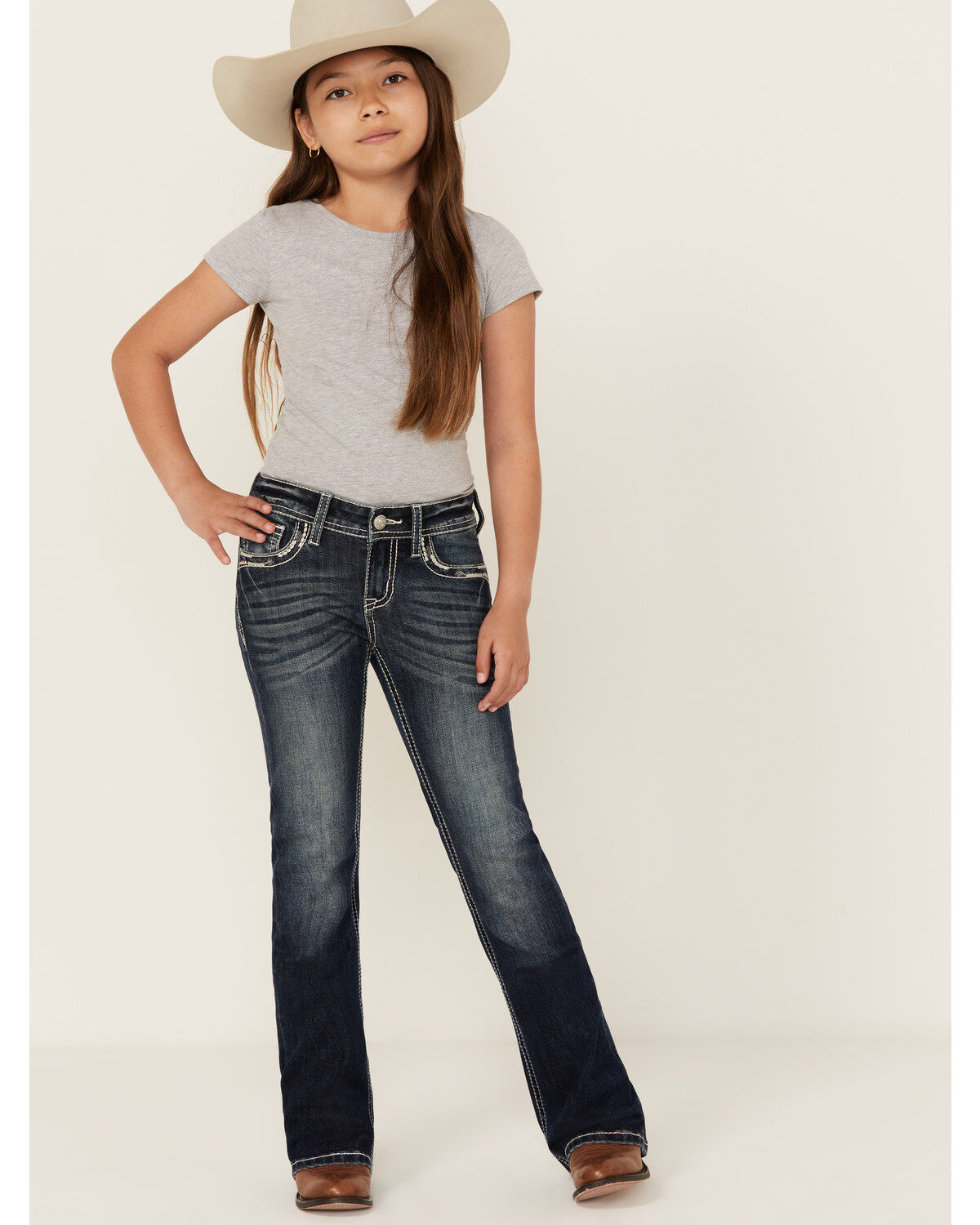 Girls' Grace in LA Dark Wash Horseshoe Flower Pocket Bootcut Stretch D