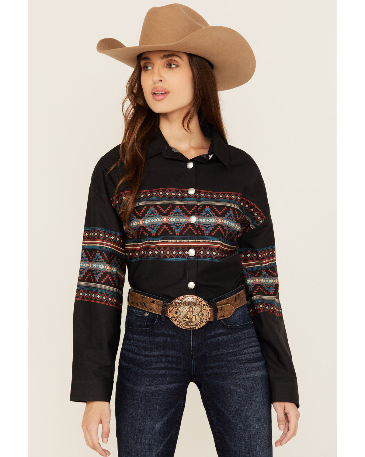 Women's Rock & Roll Denim Southwestern Border Print Cropped Long Sleev
