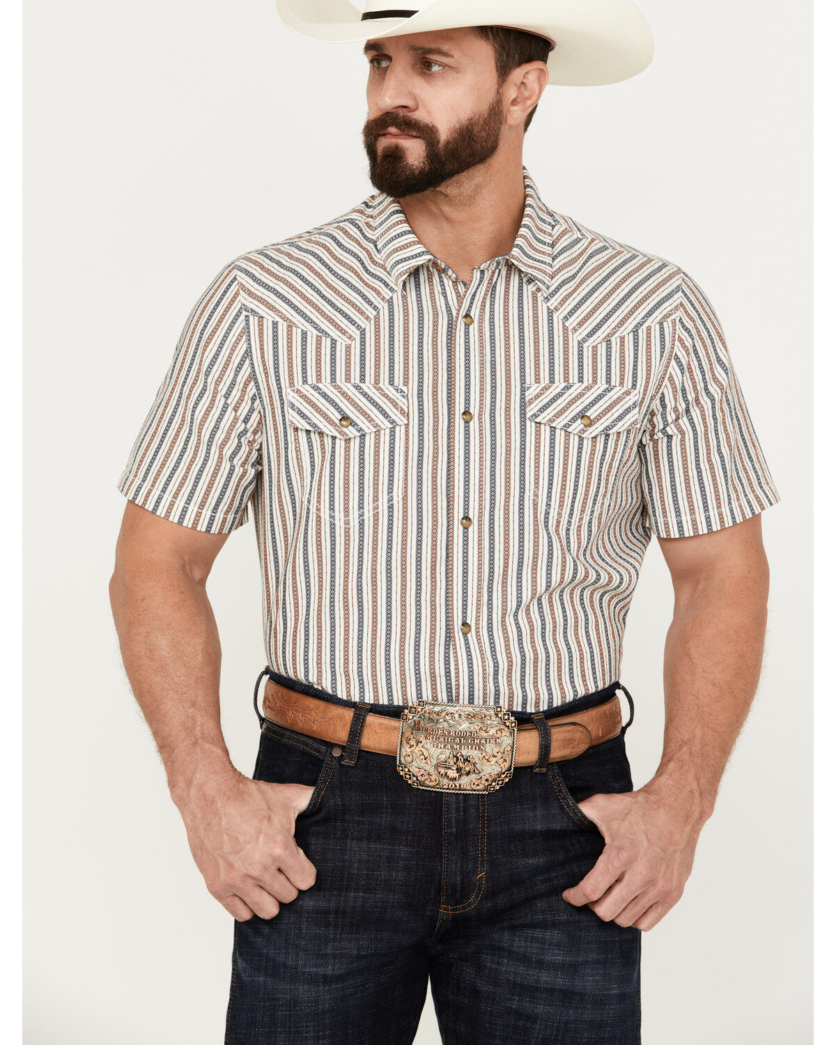 Men's Cody James Tie Down Striped Short Sleeve Western Snap Shirt