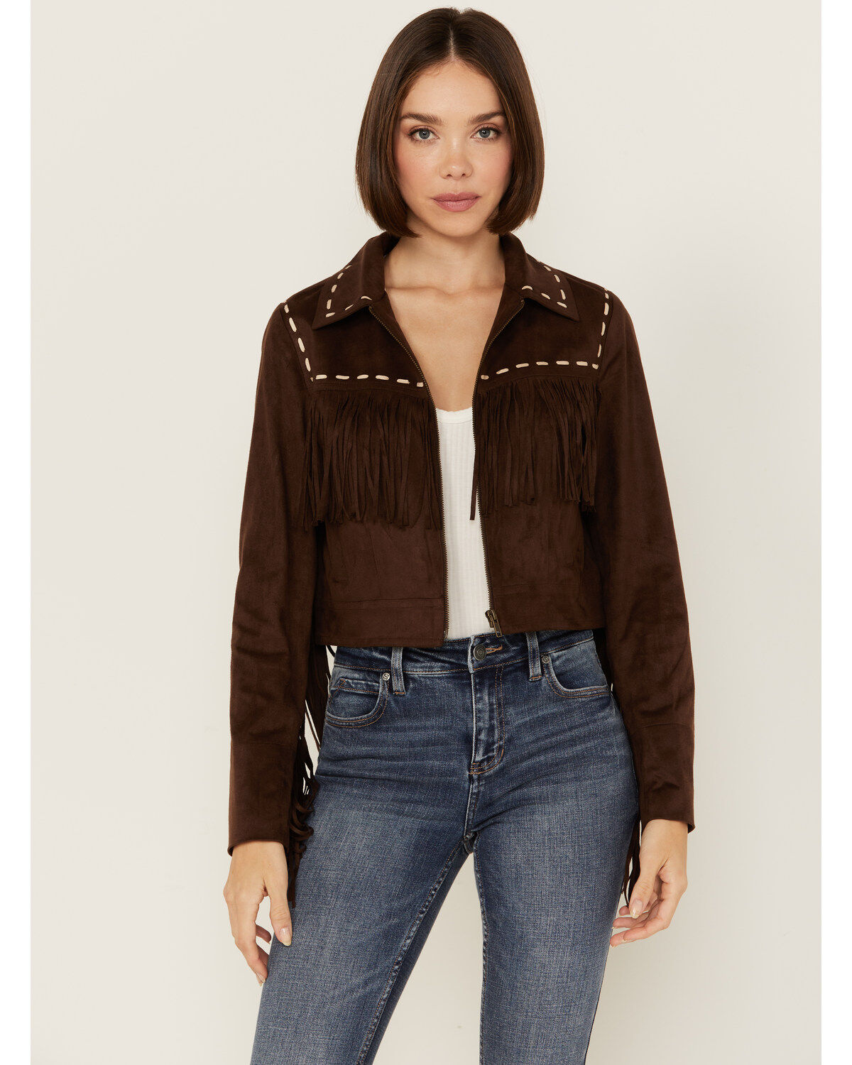 Women's Shyanne Faux Suede Contrast Stitch Fringe Jacket