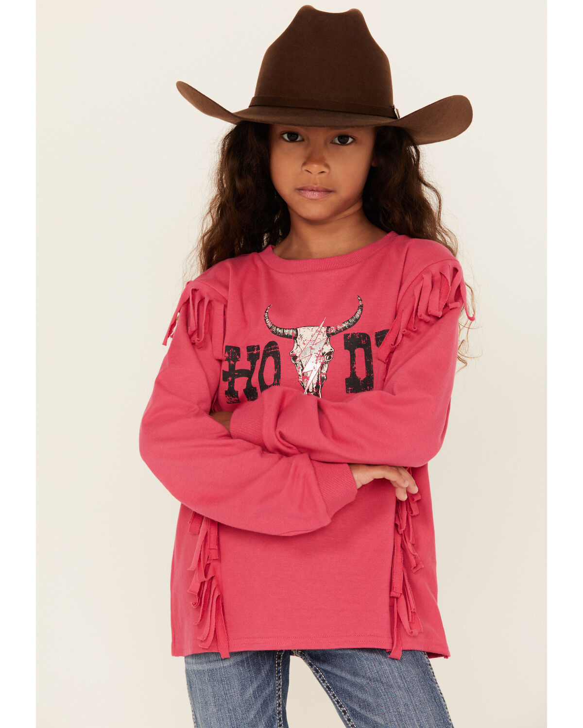 Girls' Rock & Roll Denim Howdy Fringe Long Sleeve Graphic Tee