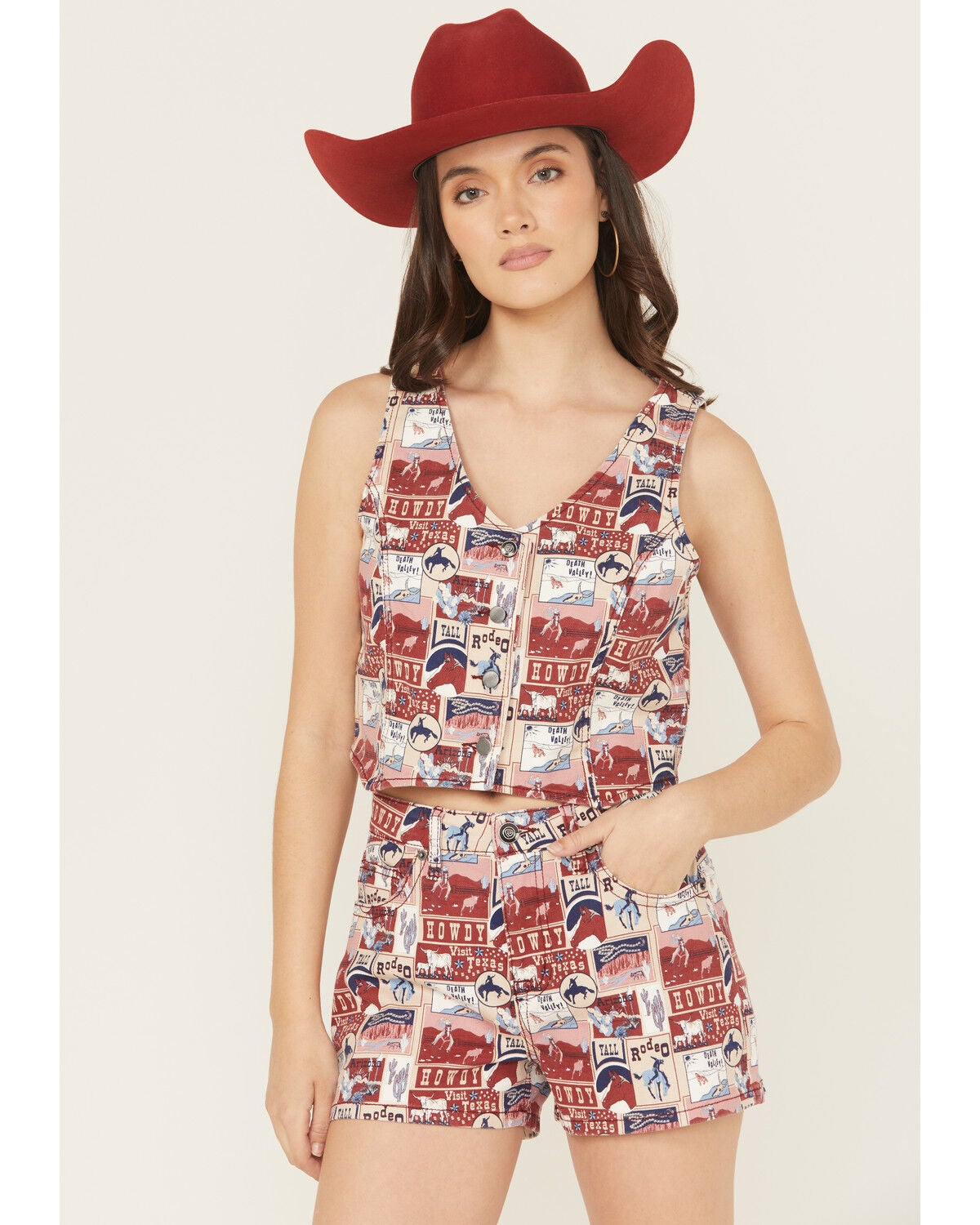 Women's Rock & Roll Denim Americana Print Button-Down Denim Vest