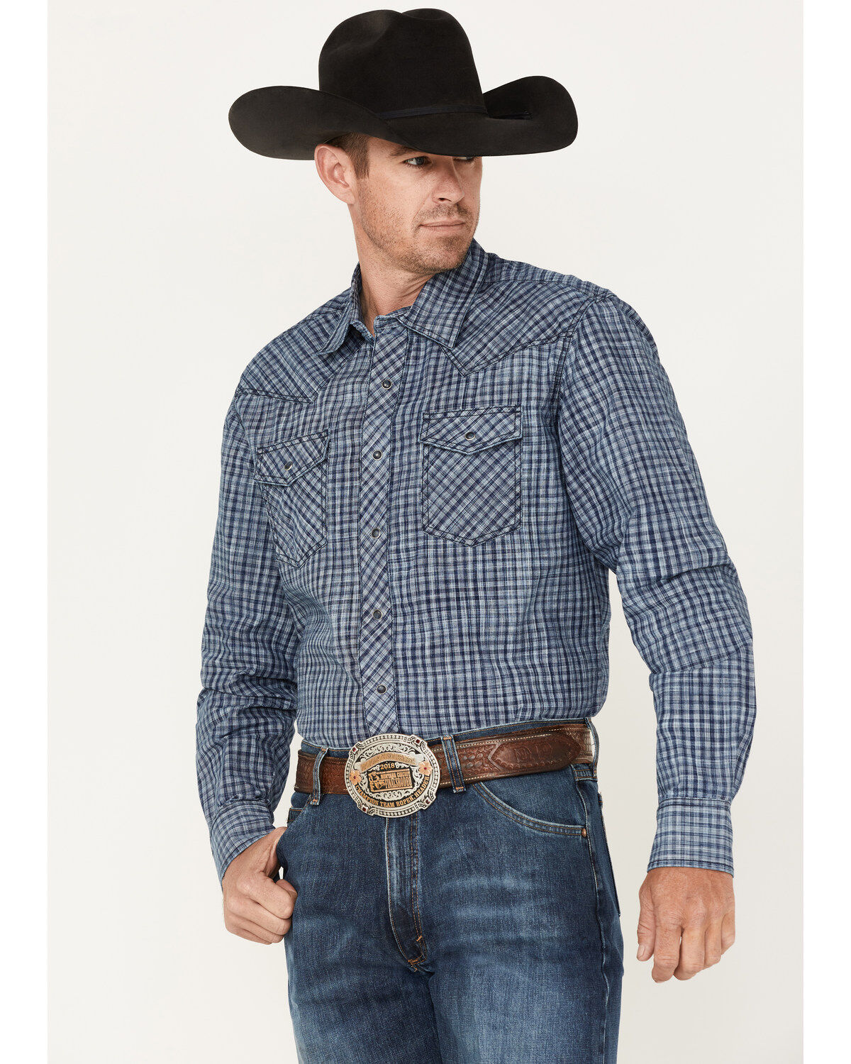 Men's Wrangler Retro Premium Check Plaid Print Long Sleeve Snap Wester