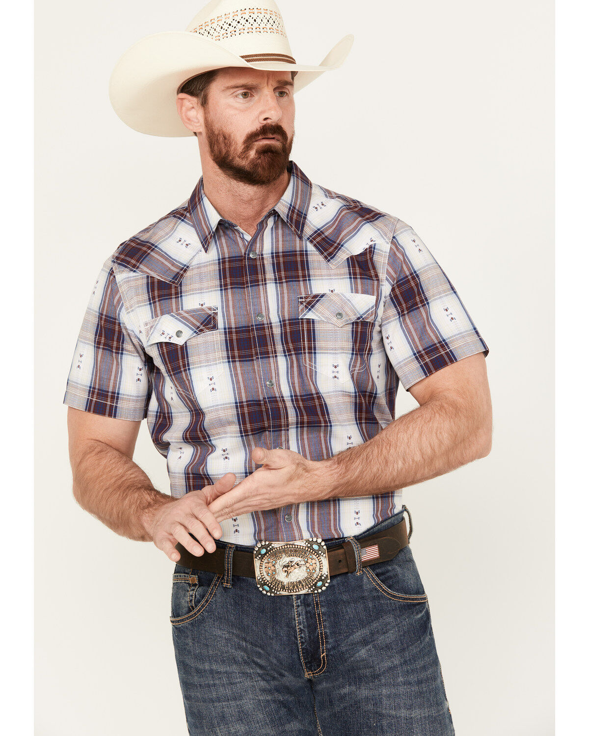 Men's Cody James Dog Southwestern Dobby Plaid Print Short Sleeve Weste