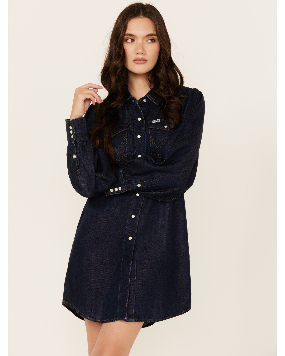 Women's Wrangler Dark Wash Denim Balloon Sleeve Shirt Mini Dress