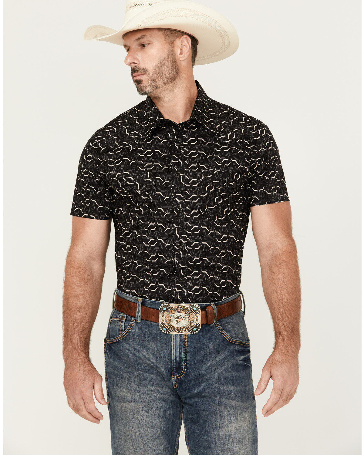 Men's Rock & Roll Denim Longhorn Print Short Sleeve Pearl Snap Stretch