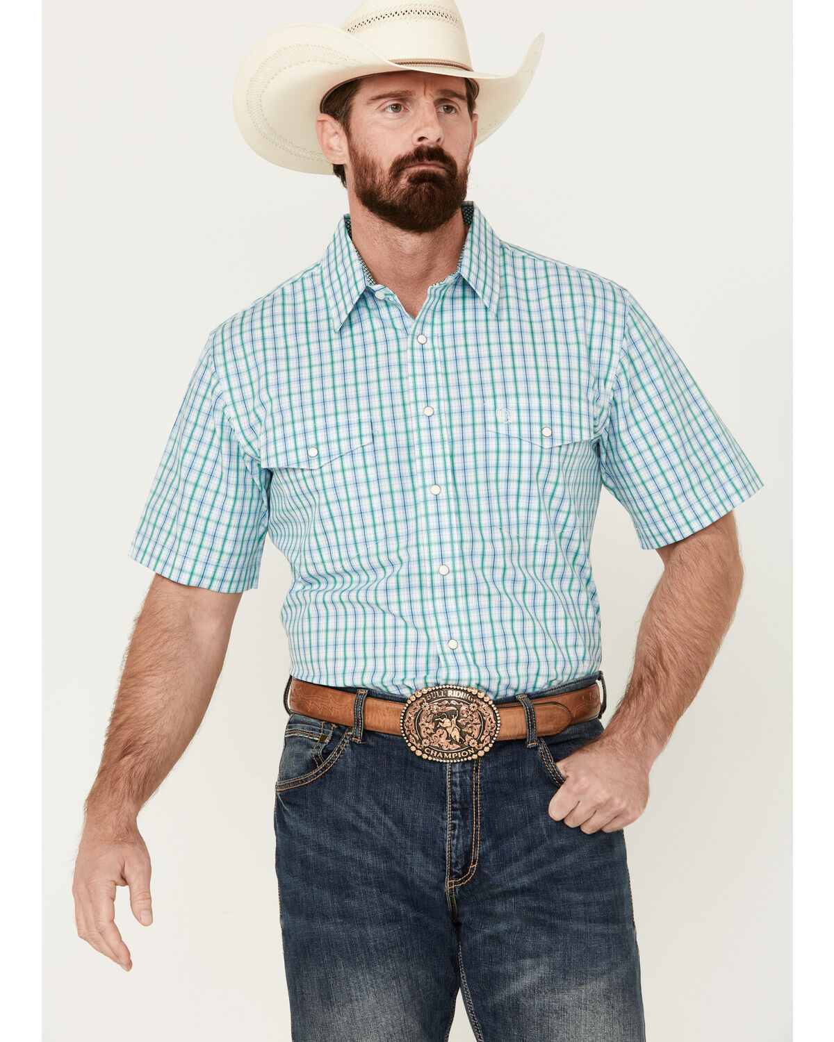Men's Panhandle Plaid Print Short Sleeve Pearl Snap Western Shirt