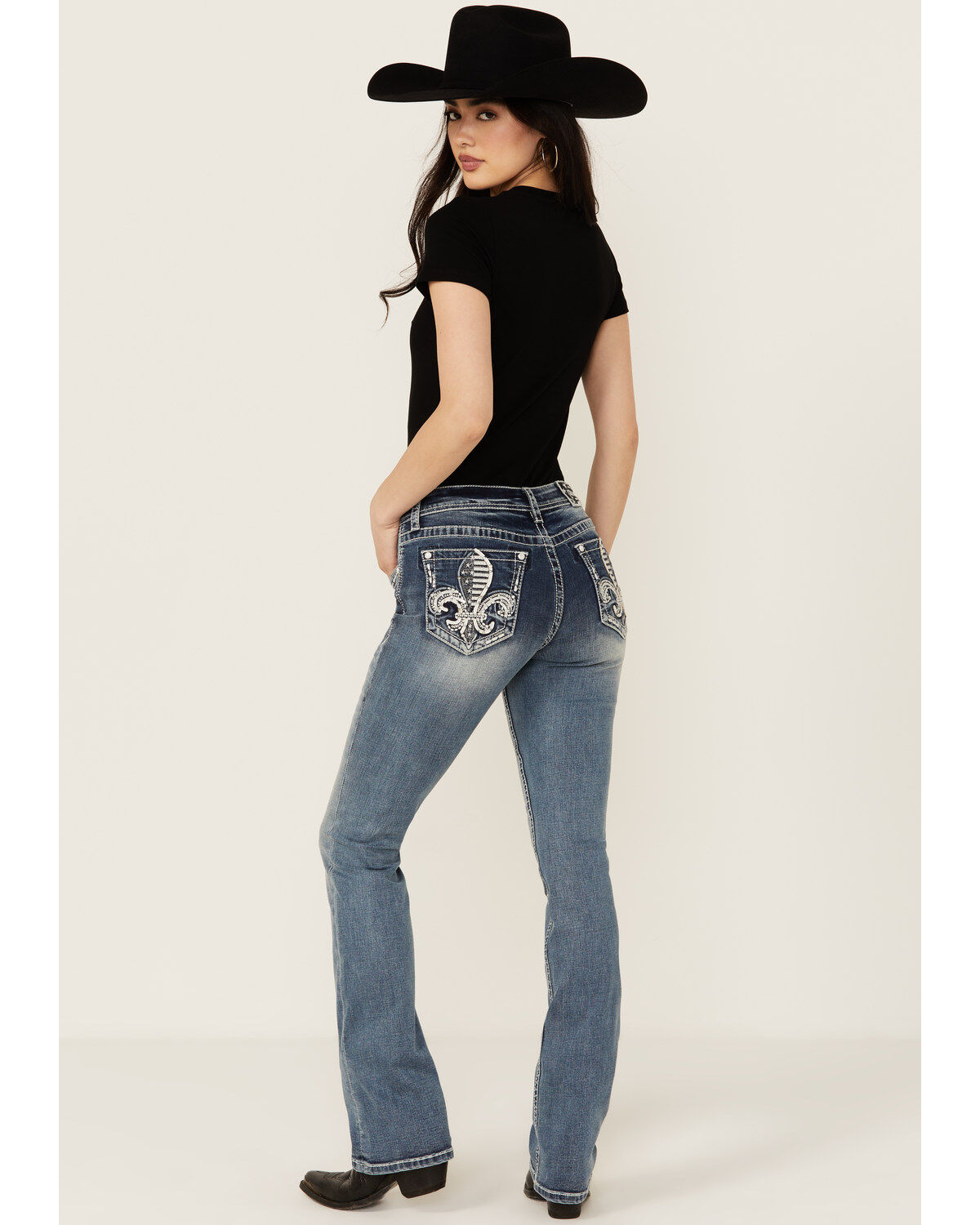 Women's Grace In LA Medium Wash Americana Fleur De Lis Mid Rise Bootcu