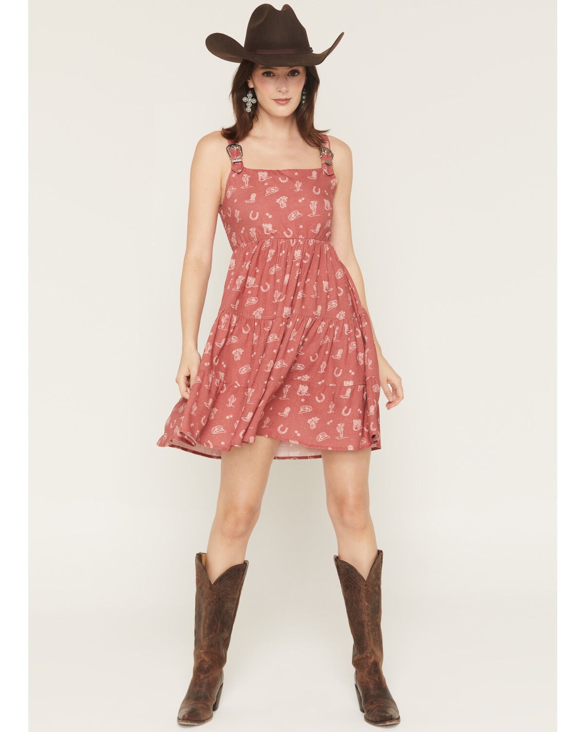 Women's Wild Moss Buckle Strap Western Print Mini Dress