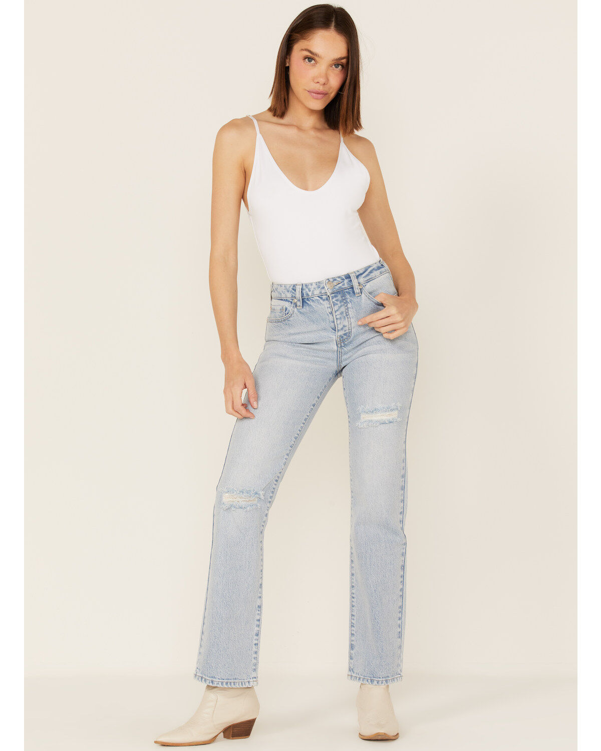 Women's Cleo + Wolf Light Wash High Rise Distressed Straight Jeans