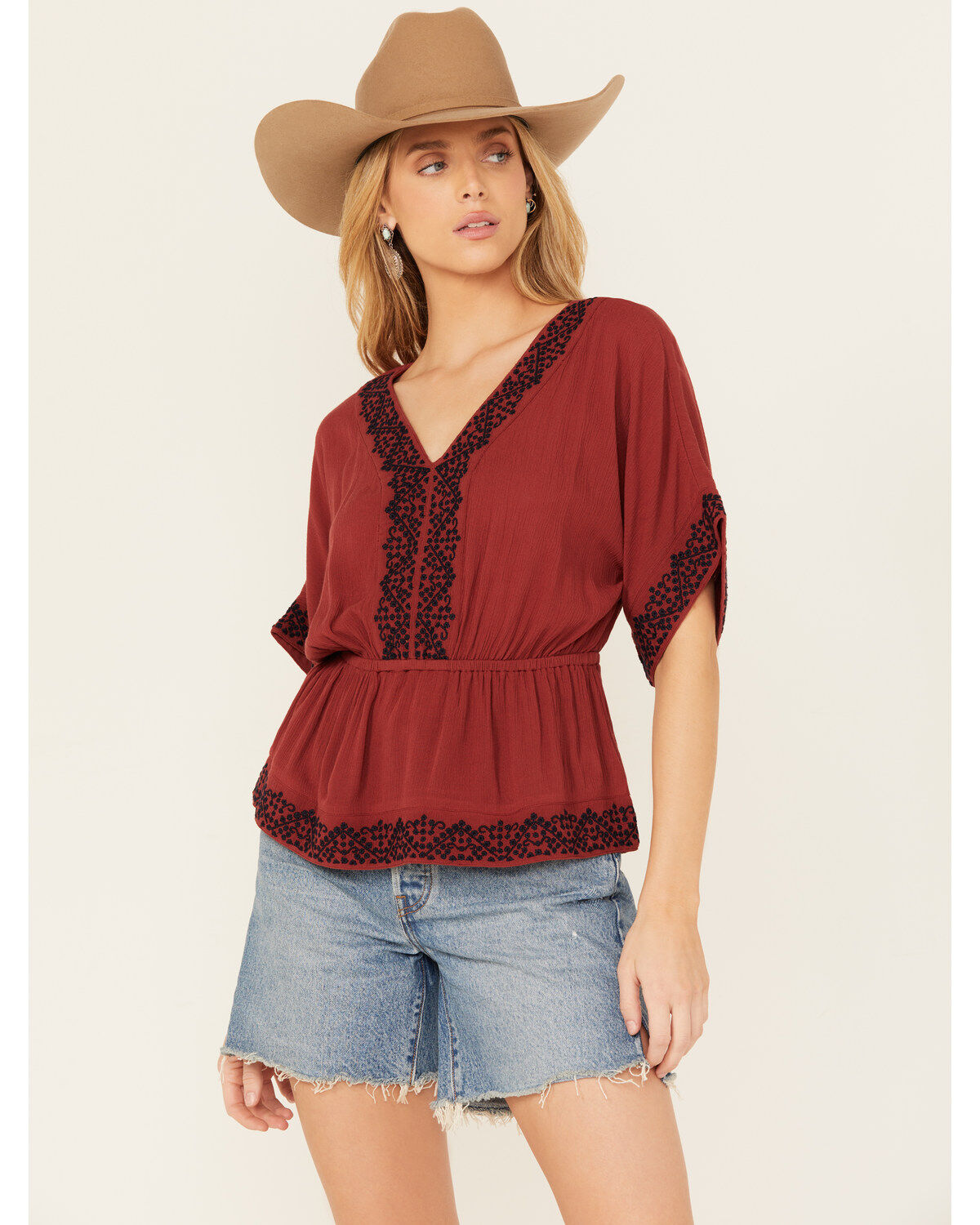 Women's Shyanne Embroidered Sleeve Peplum Top