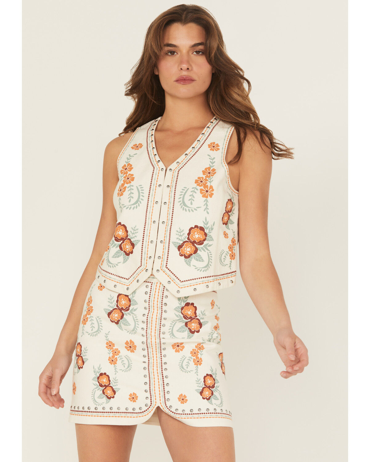 Women's Rock & Roll Denim Floral Print Studded Vest