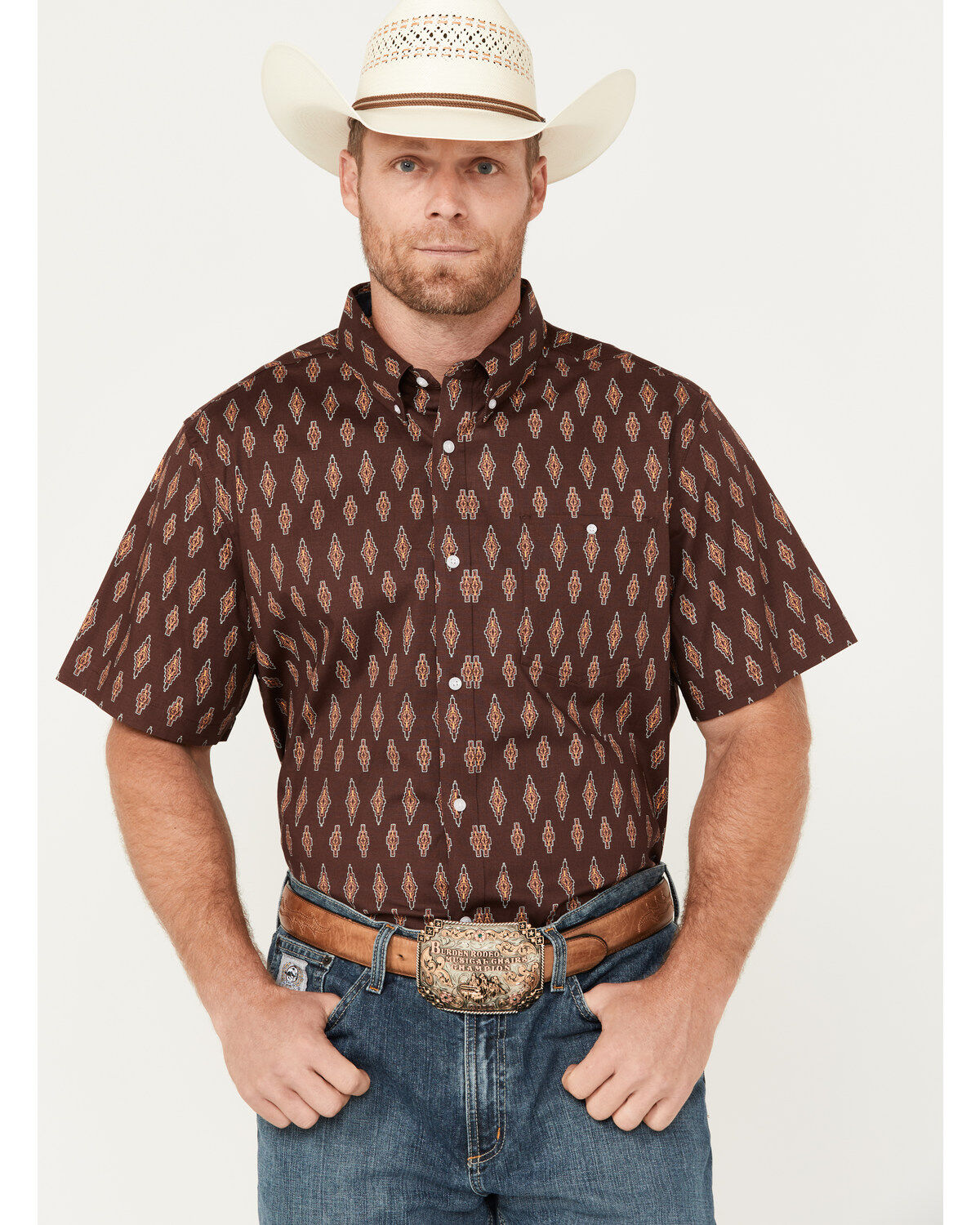 Men's RANK 45 Cash Geo Print Short Sleeve Button-Down Stretch Western