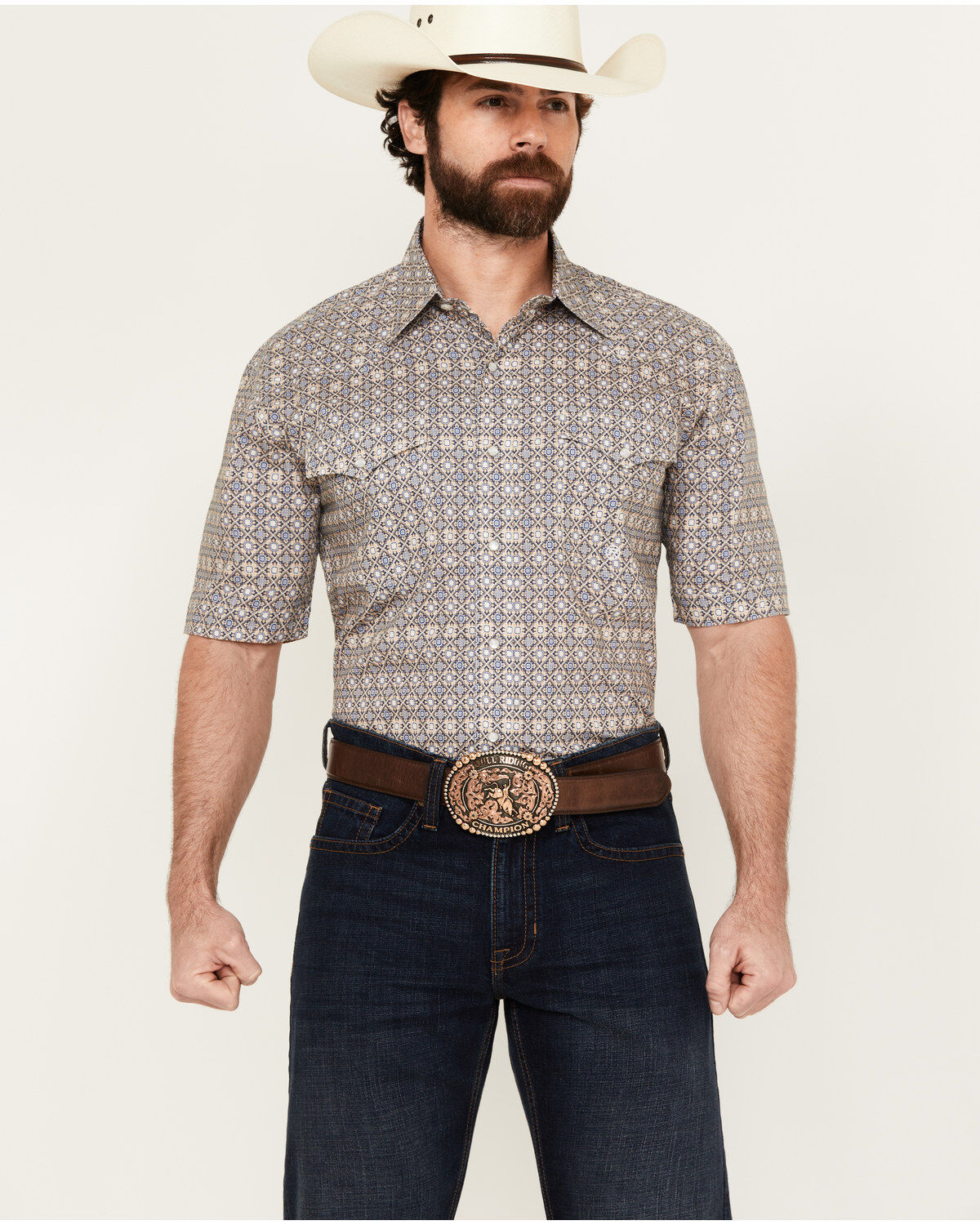 Men's Roper Amarillo Mini Medallion Print Short Sleeve Snap Western Sh