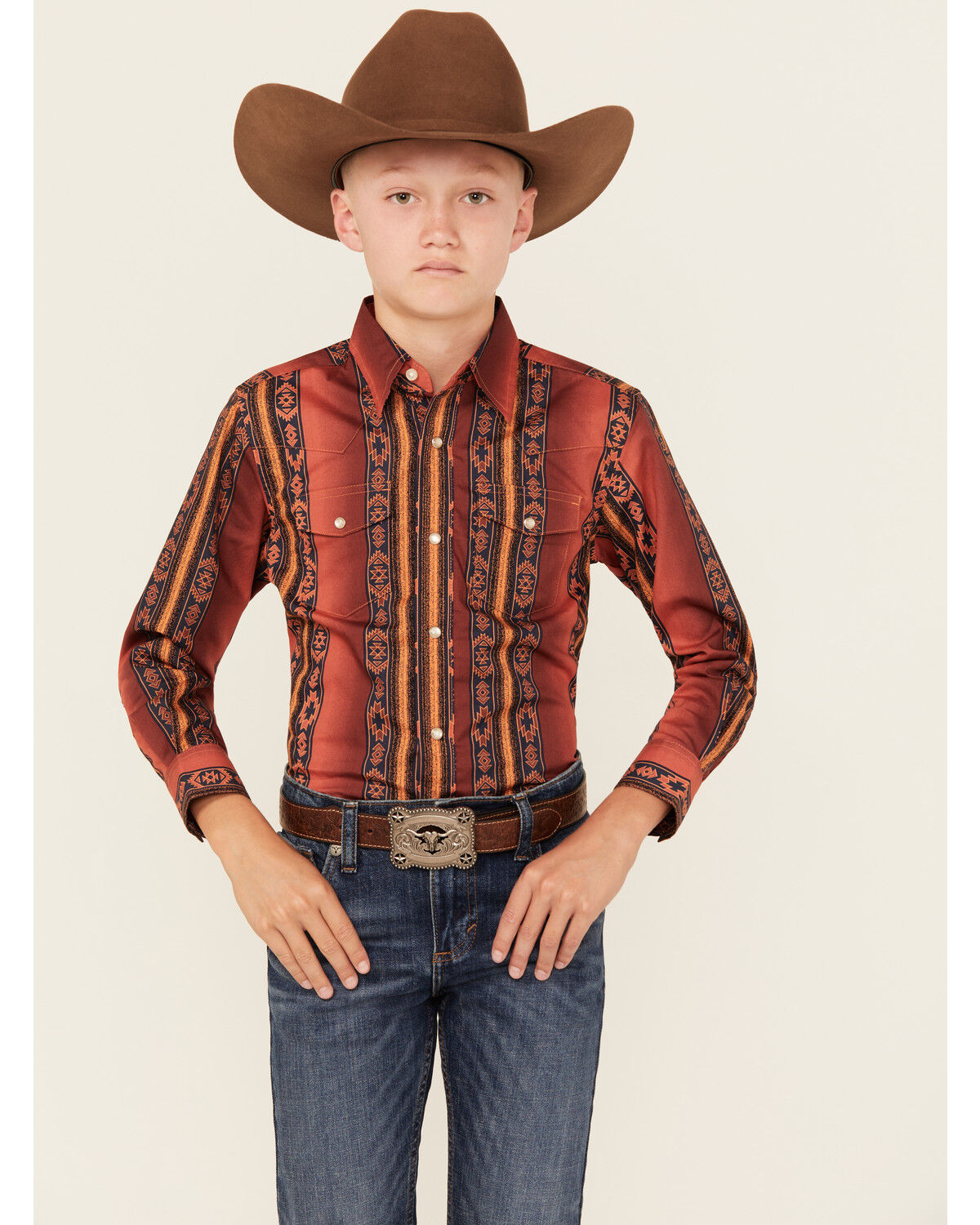 Boys' Wrangler Southwestern Striped Long Sleeve Pearl Snap Western Shi