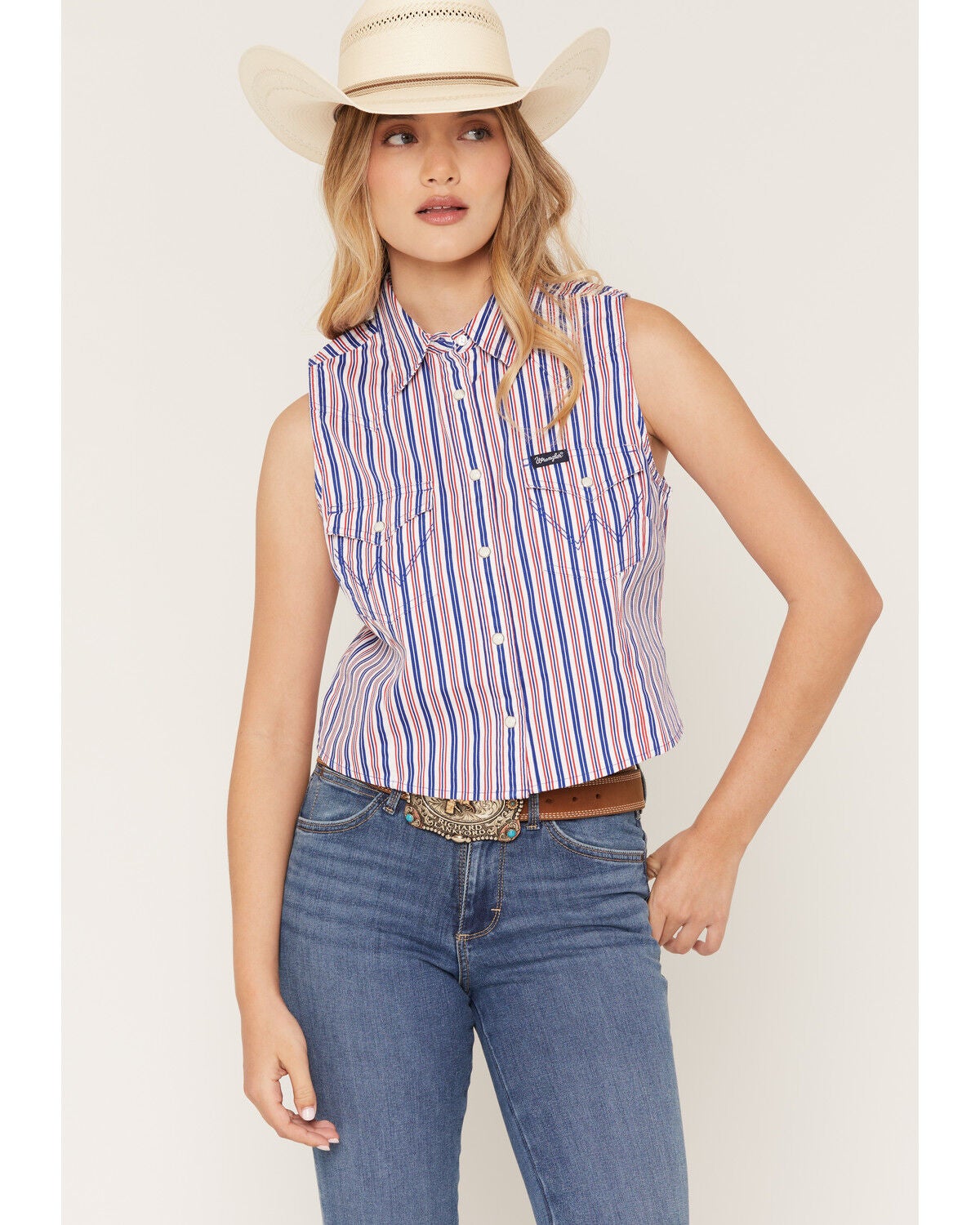 Women's Wrangler Retro Americana Striped Sleeveless Cropped Snap Weste