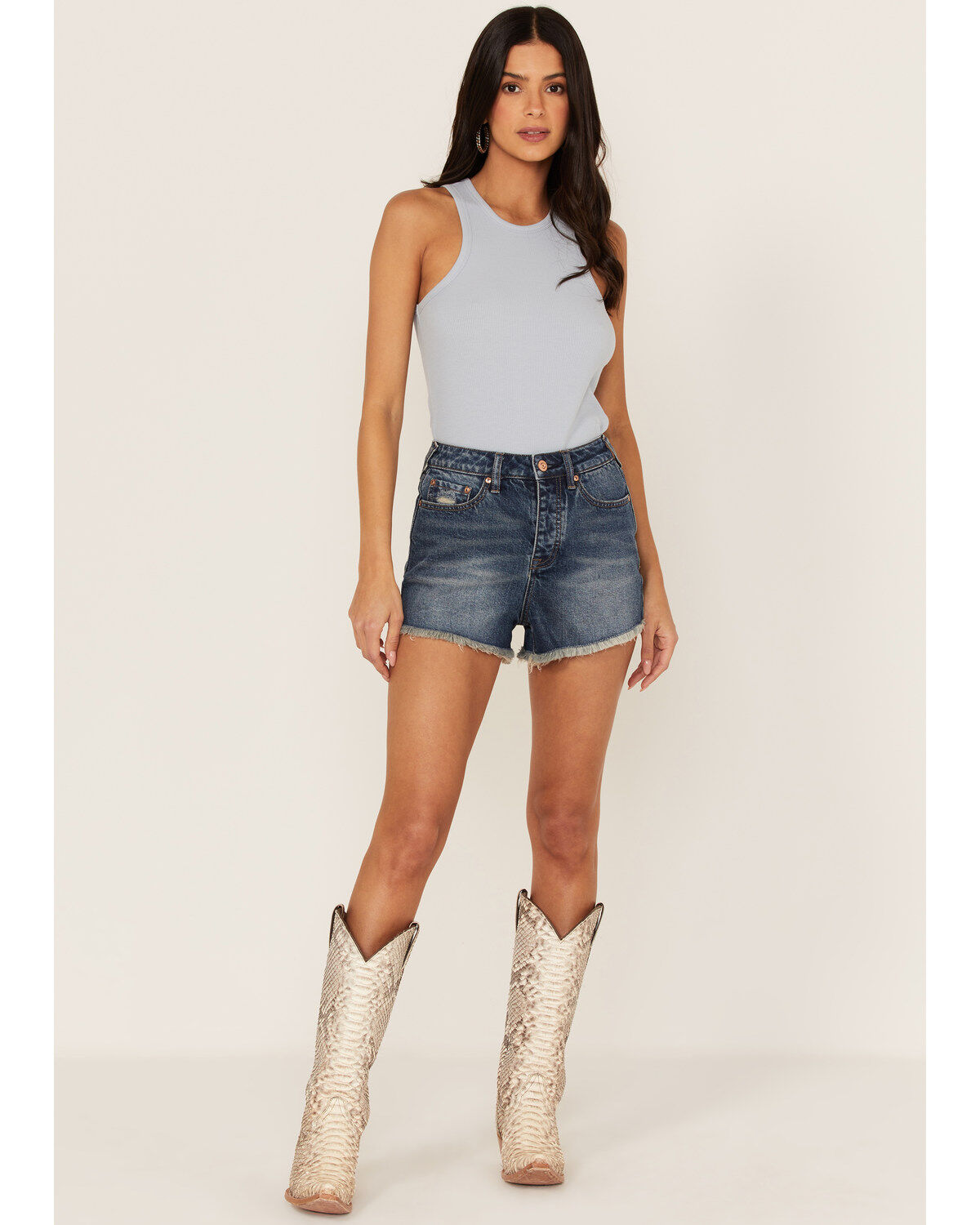 Women's Cleo + Wolf High Rise Dark Wash Frayed Denim Shorts