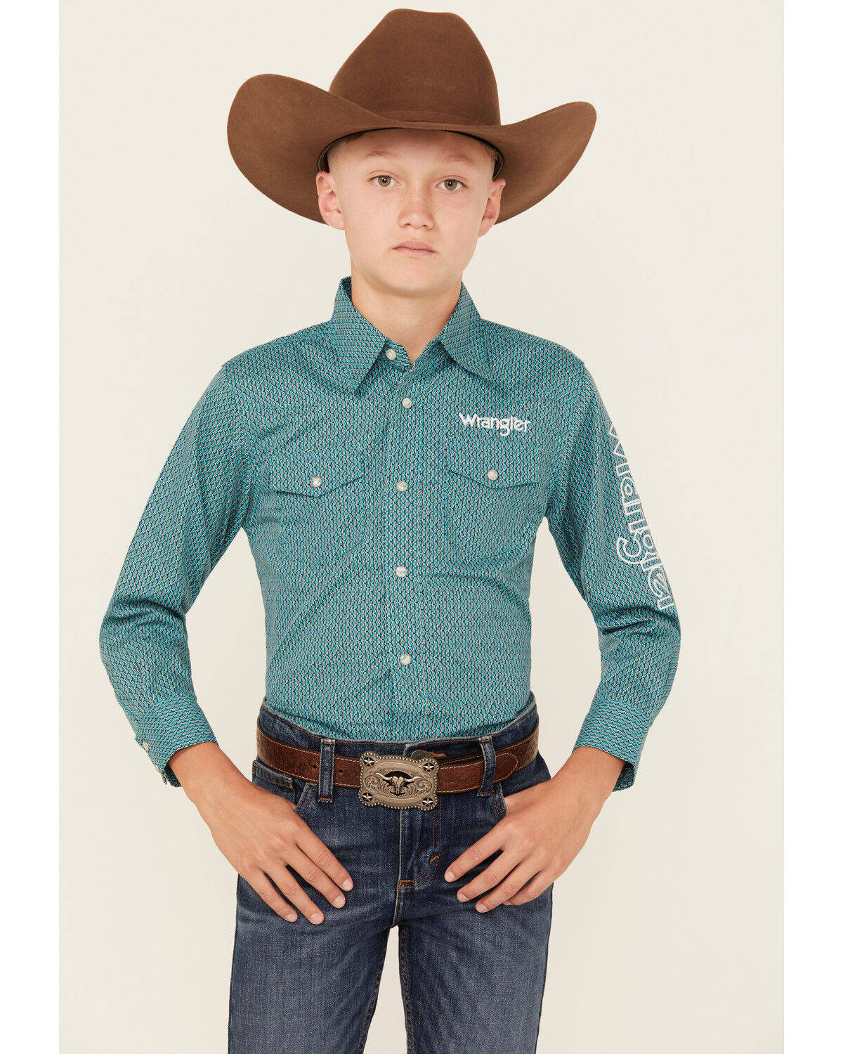 Boys' Wrangler Logo Sleeve Printed Long Sleeve Snap Western Shirt