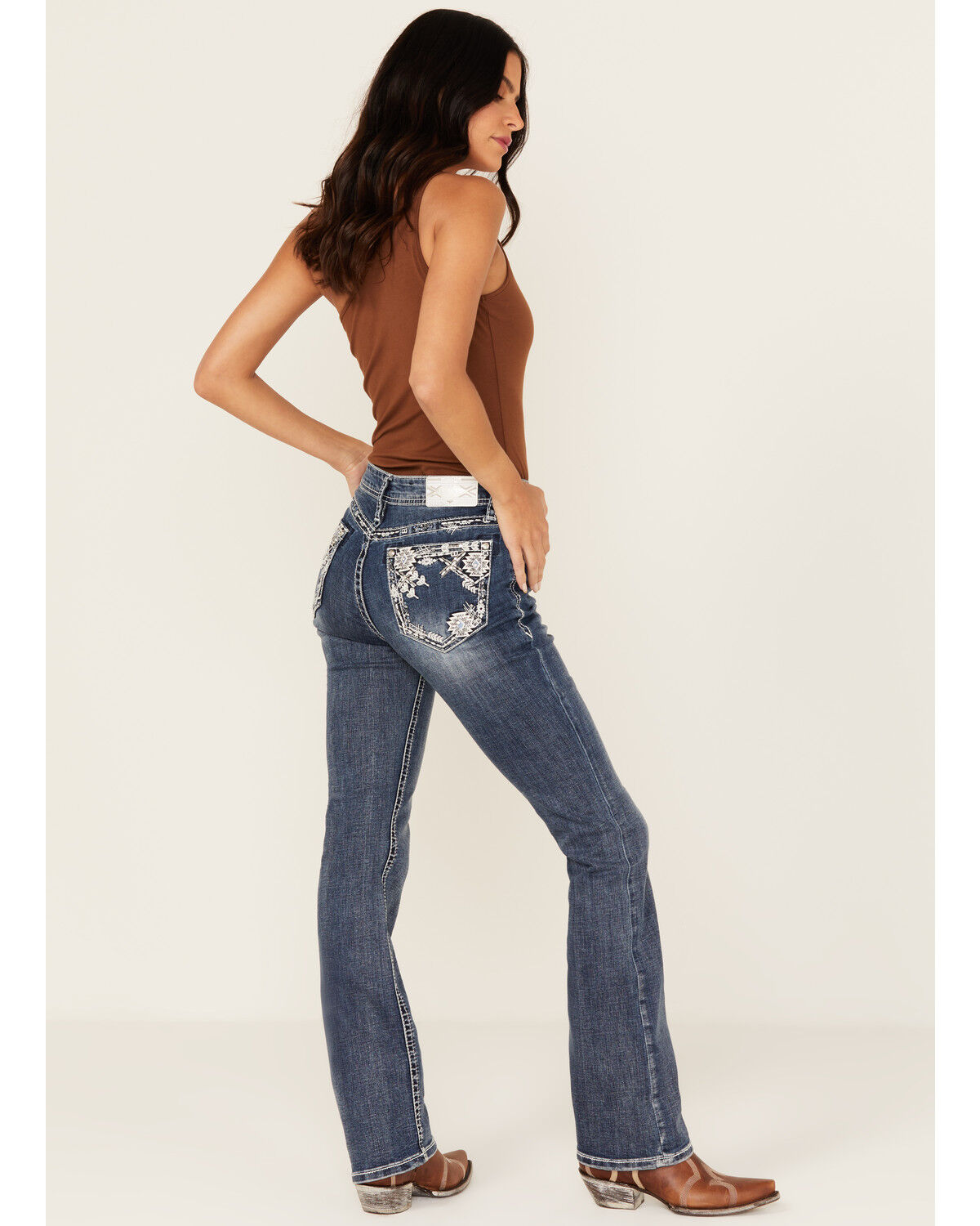 Women's Grace In LA Medium Wash Geo Print Embroidered Mid Rise Bootcut