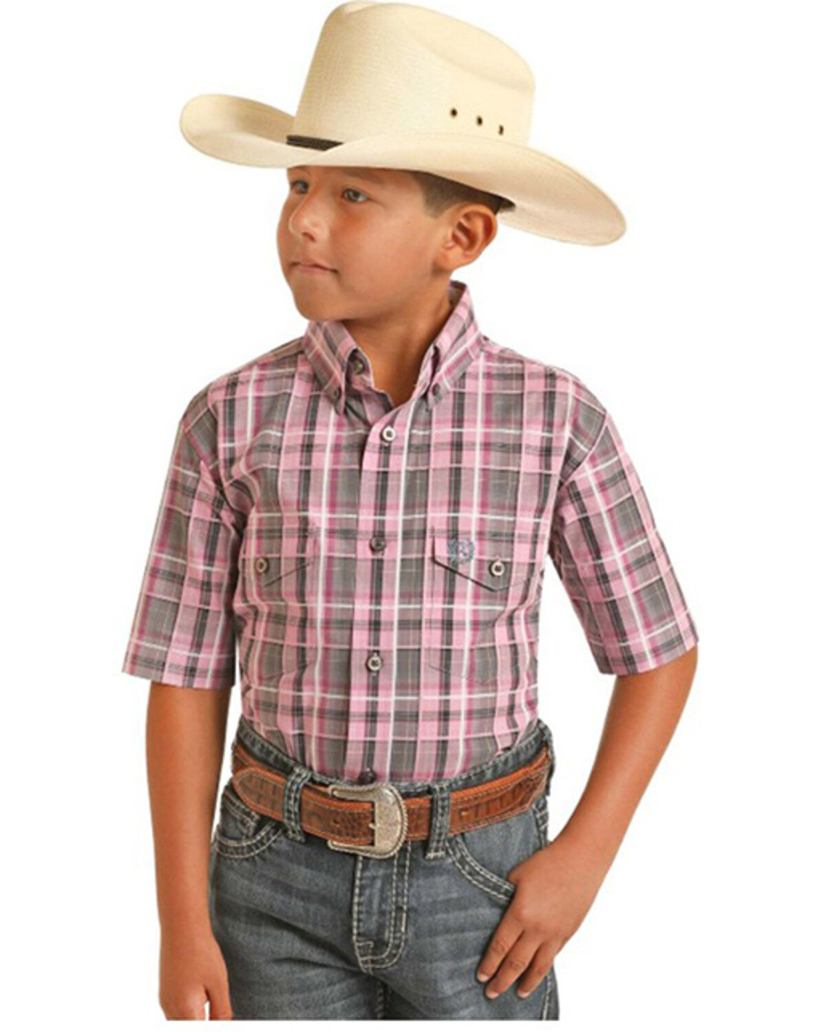 Boys' Panhandle Plaid Print Short Sleeve Button-Down Western Shirt
