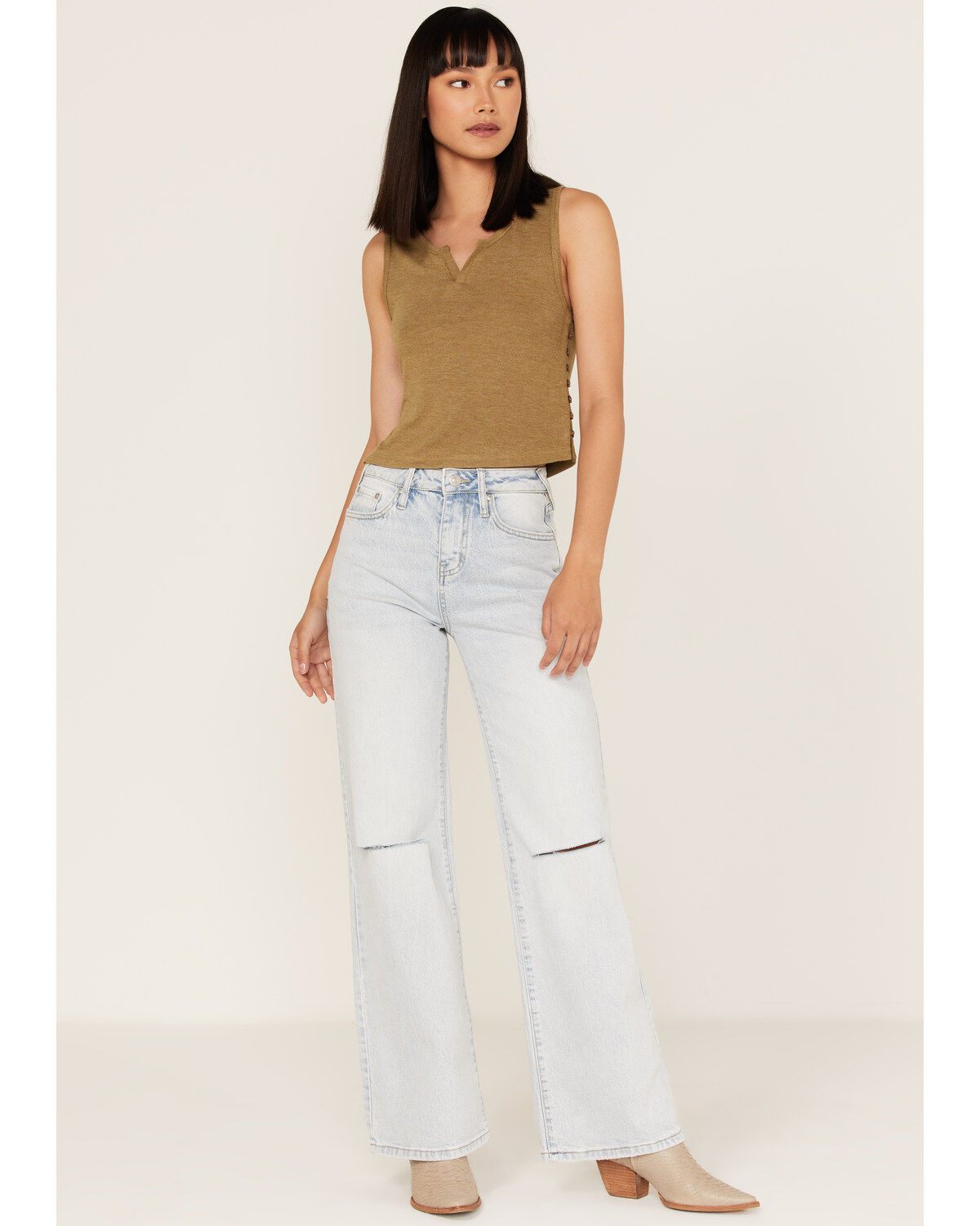 Women's Cleo + Wolf Light Wash High Rise Distressed Knee Flare Jeans