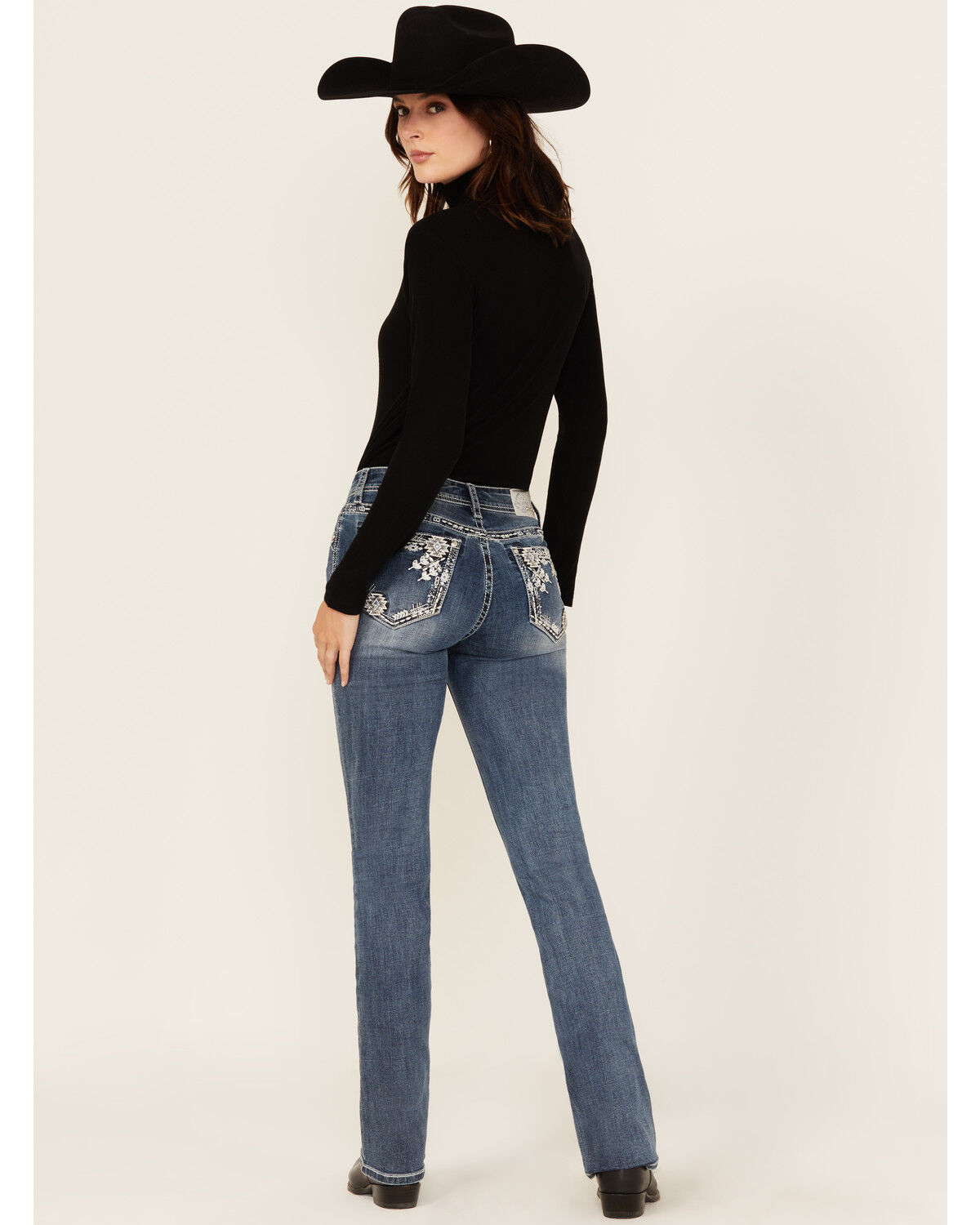 Women's Grace In LA Medium Wash Geo Print Embroidered Mid Rise Bootcut