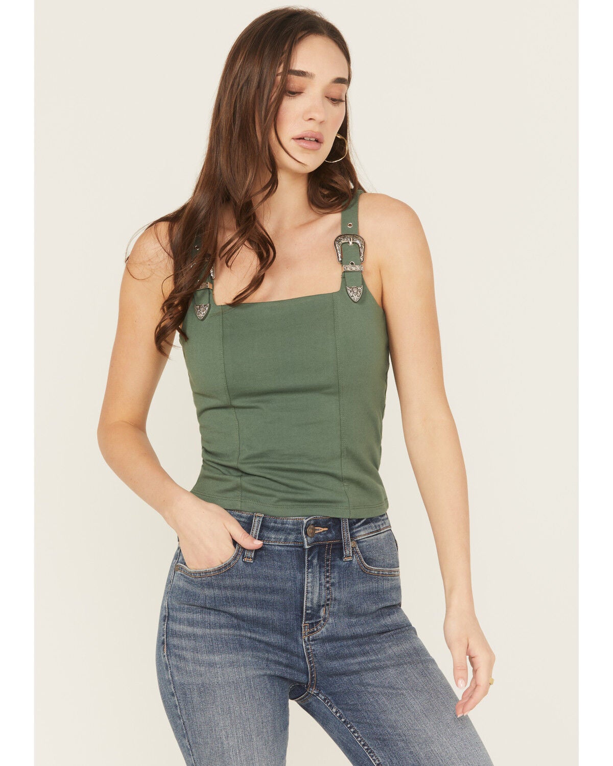 Women's Rock & Roll Denim Square Neck Buckle Tank