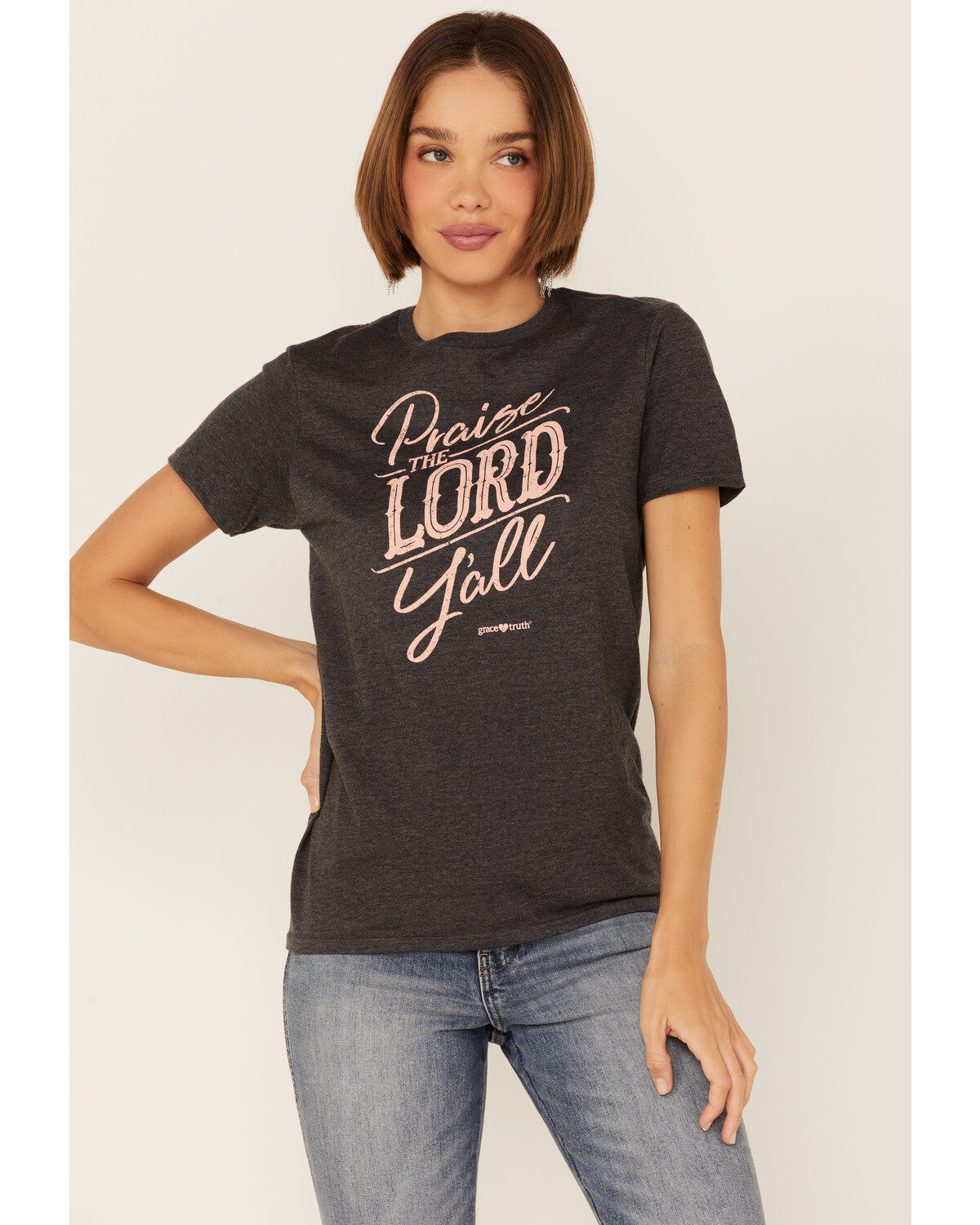 Women's Grace & Truth Charcoal Praise The Lord Ya'll Graphic Short Sle
