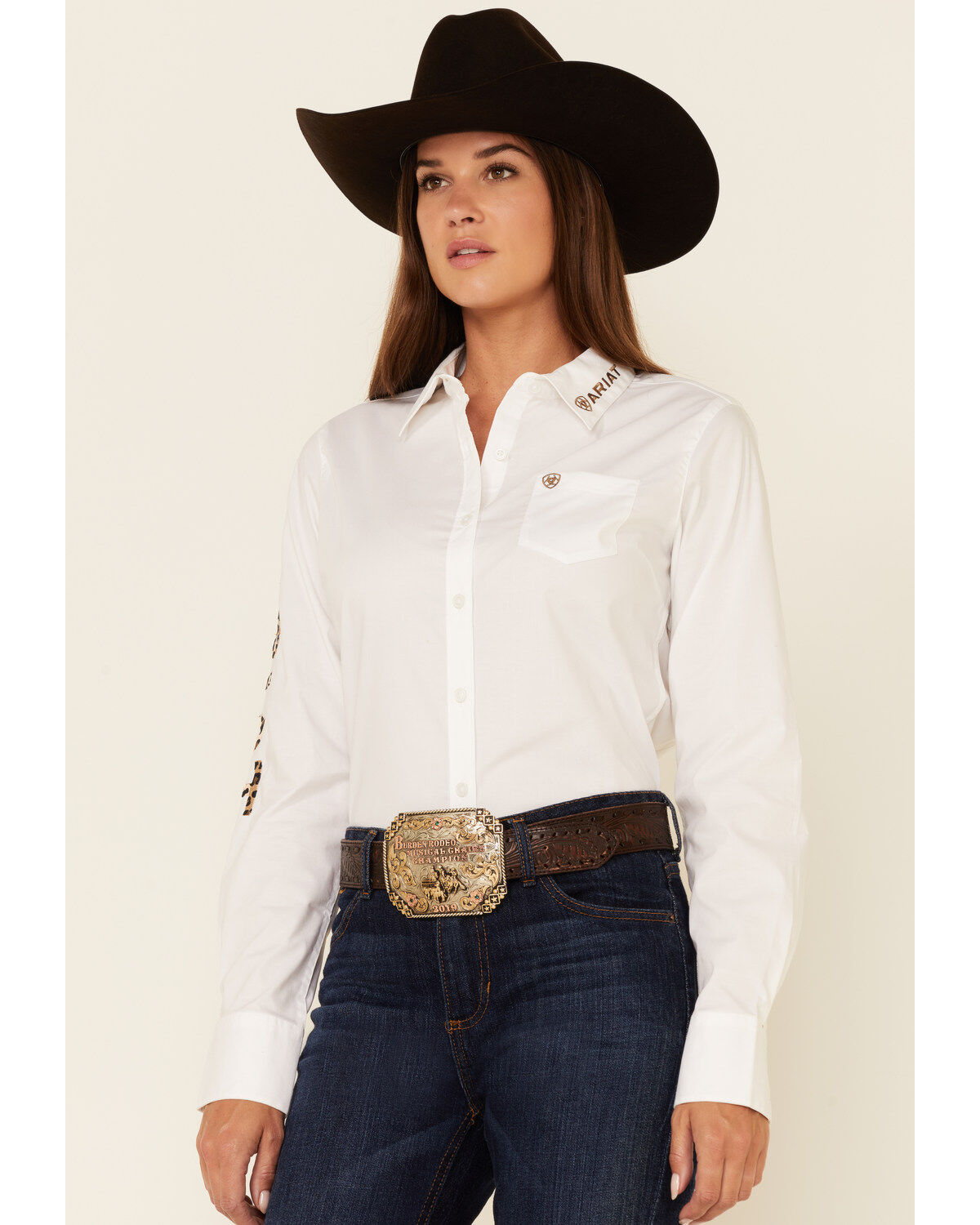 Women's Ariat Team Kirby Leopard Logo Long Sleeve Button Down Stretch