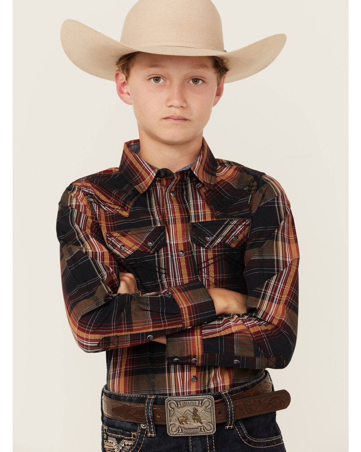 Boys' Cody James Trouble Dobby Plaid Print Long Sleeve Snap Western Sh