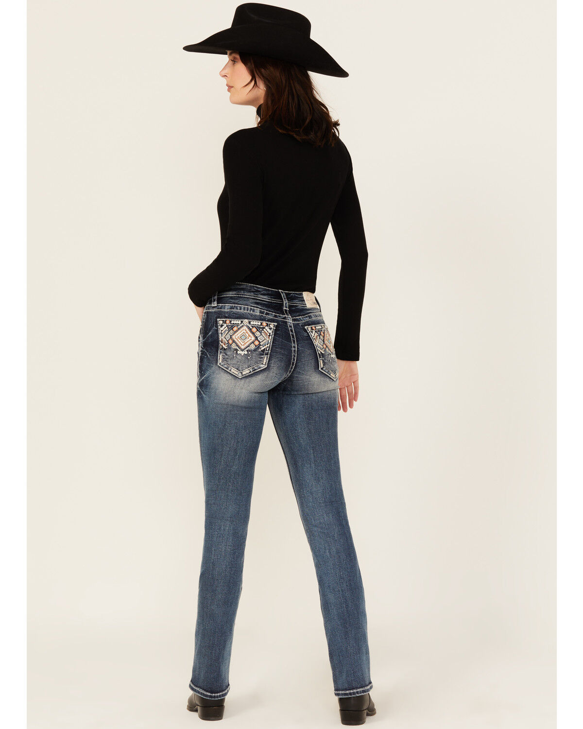 Women's Grace In LA Medium Wash Geo Print Embroidered Mid Rise Bootcut