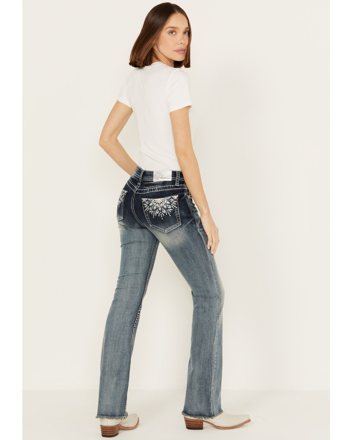 Women's Grace in LA Mid Rise Sequins Embroidered Pocket Bootcut Jeans