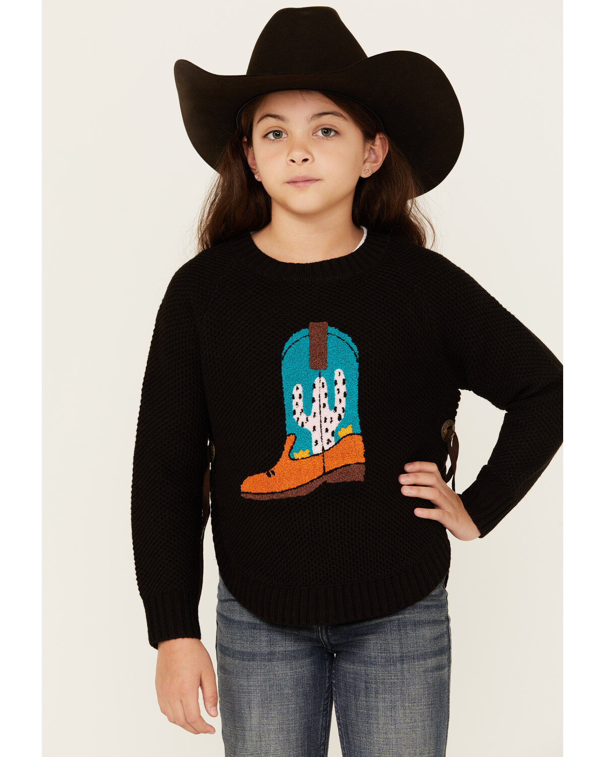 Girls' Cotton & Rye Boot Applique Round Bottom Sweater