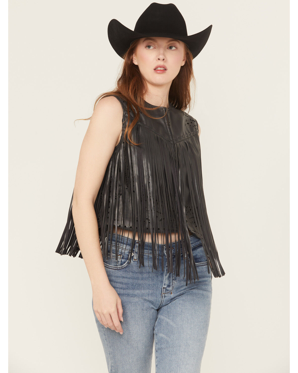 Women's Blue B Faux Leather Bandana Laser Cut Fringe Vest