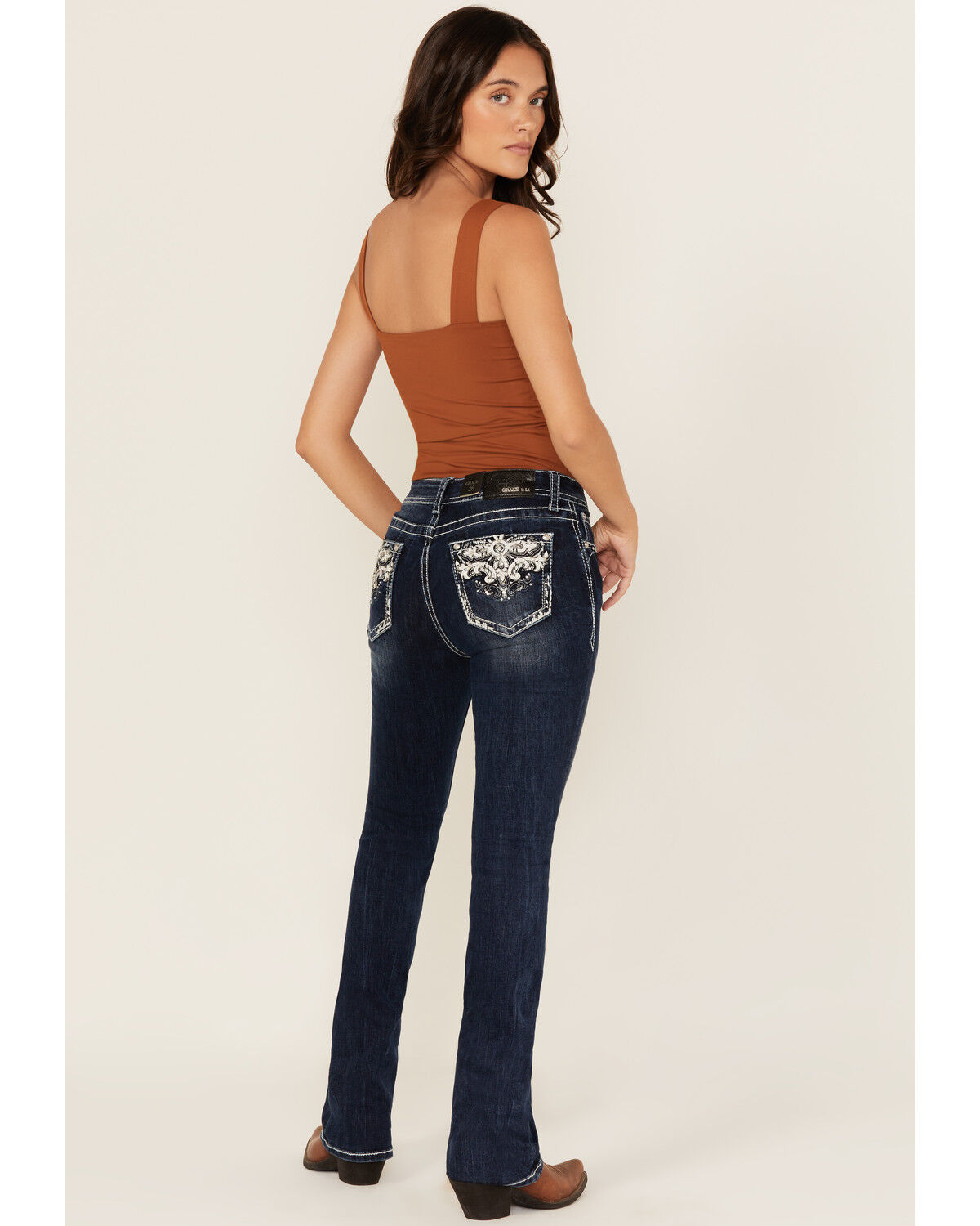 Women's Grace In LA Dark Wash Embellished Mid Rise Bootcut Stretch Den