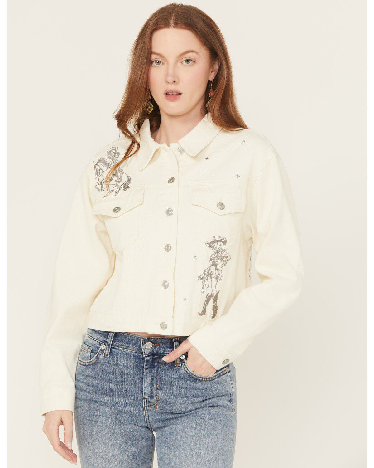 Women's Blue B Cowgirl Embroidered Denim Trucker Jacket