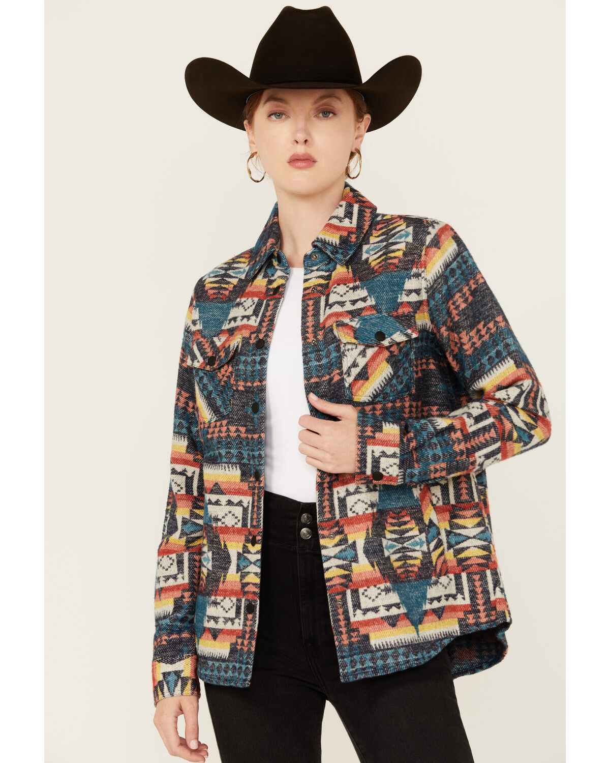 Women's Rock & Roll Denim Southwestern Print Snap Shacket