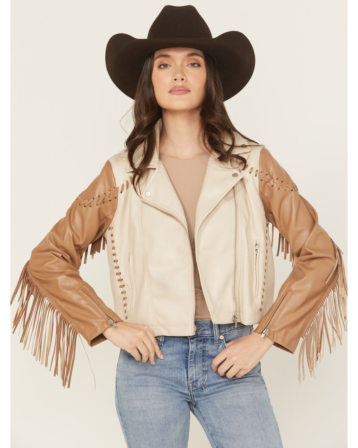 Women's Blue B Fringe Whip Stitch Faux Leather Moto Jacket