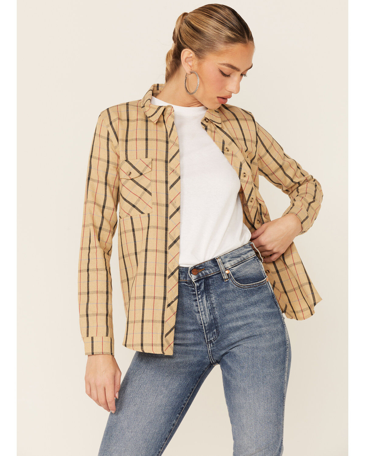 Women's Wild Moss Plaid Boyfriend Long Sleeve Woven Flannel Shirt