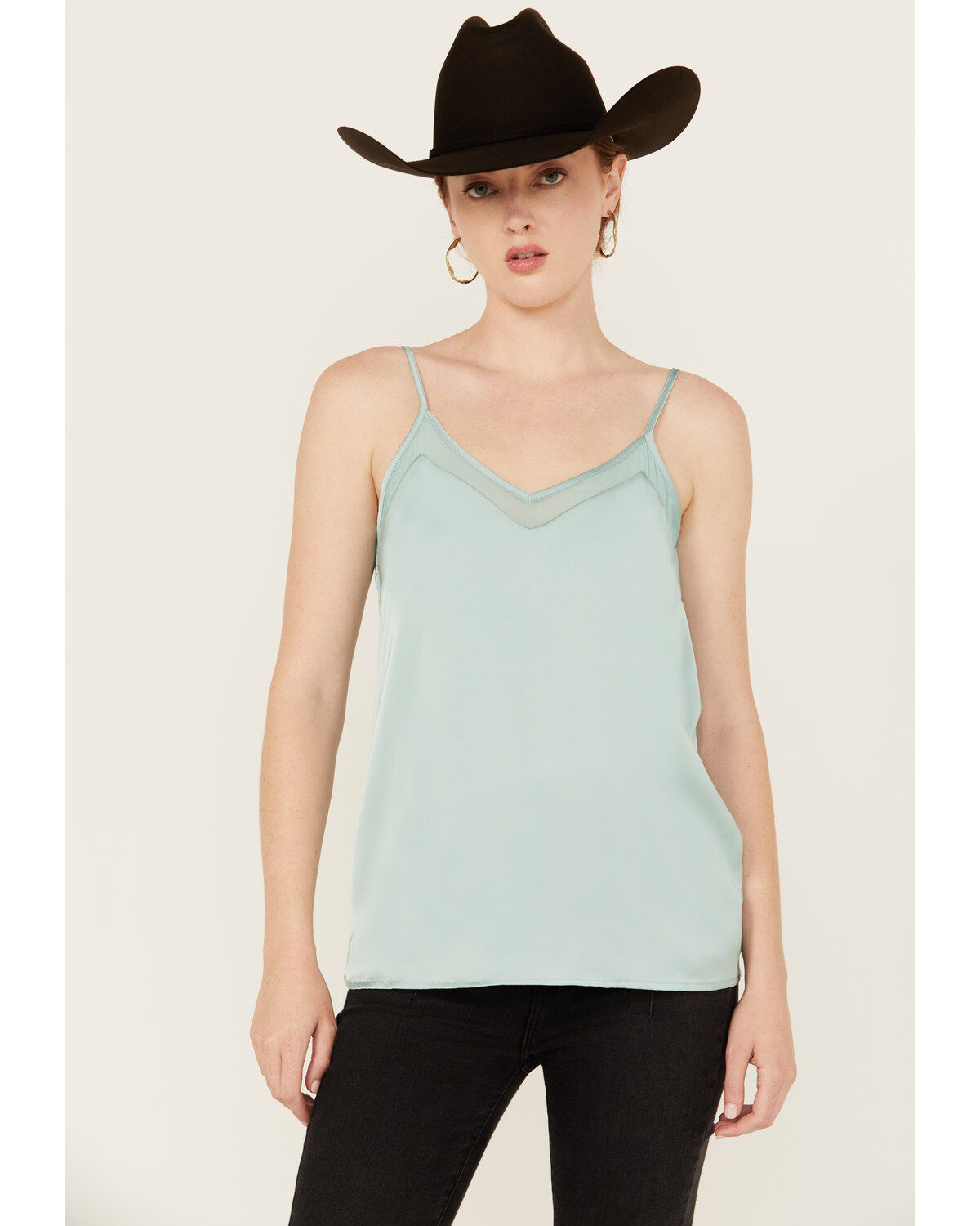 Women's Rock & Roll Denim Mesh Accent Satin Tank
