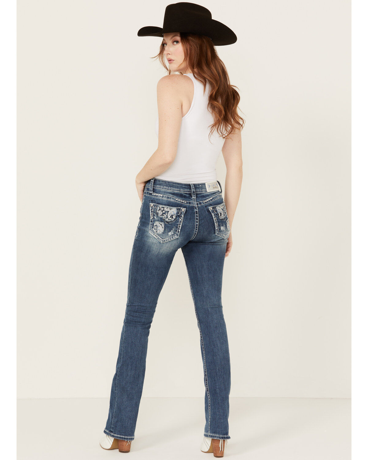 Women's Grace In LA Medium Wash Paisley Pocket Mid Rise Stretch Denim