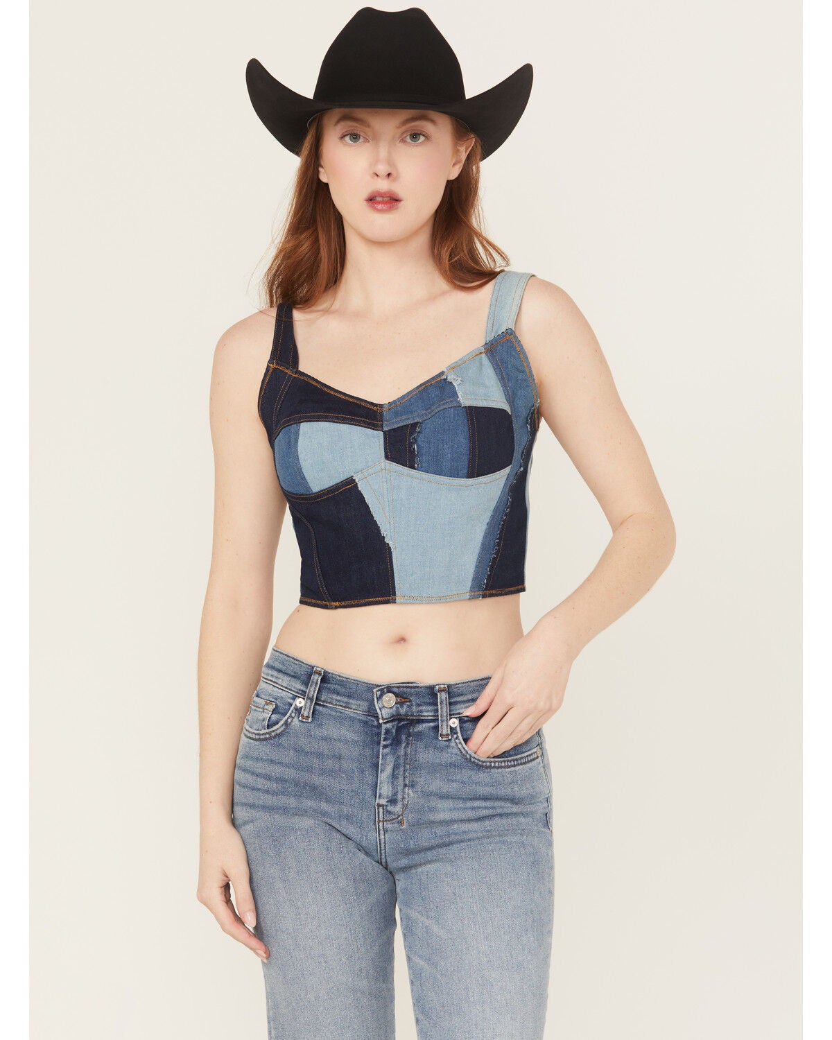 Women's Blue B Reversible Sleeveless Patchwork Top