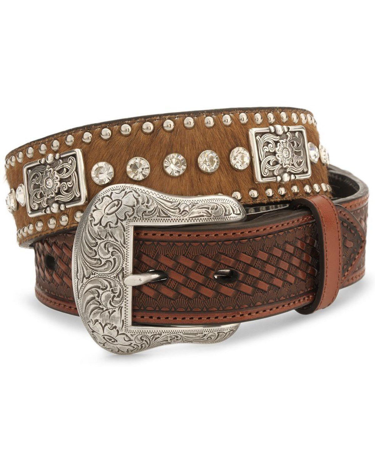 Men's Nocona Crystal Studded Hair-On-Hide Leather Belt - Reg & Big