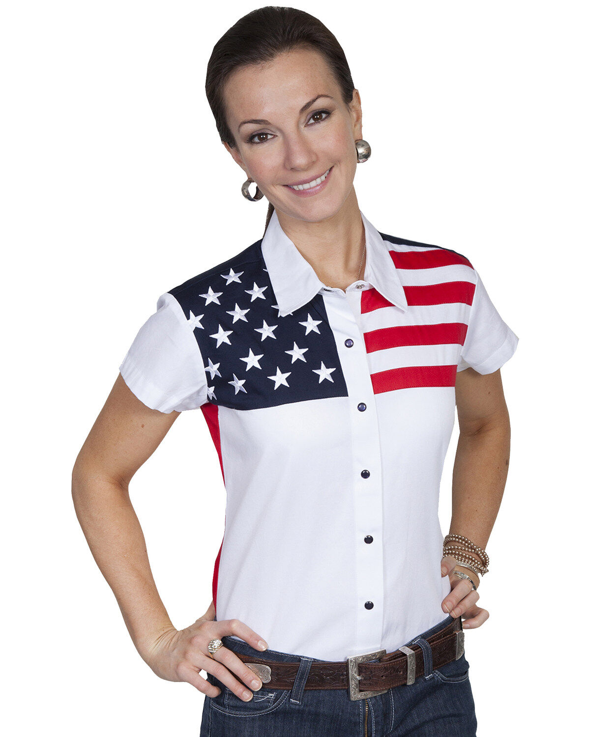 Women's Scully American Flag Print Short Sleeve Snap Top