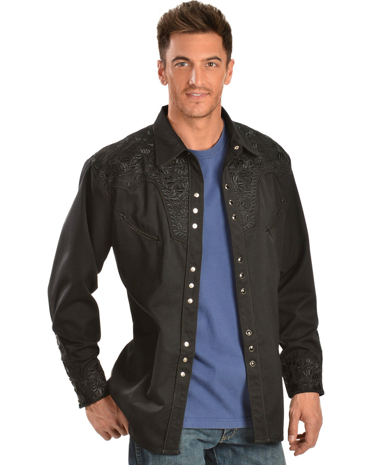 Men's Scully Floral Embroidered Retro Long Sleeve Snap Western Shirt -